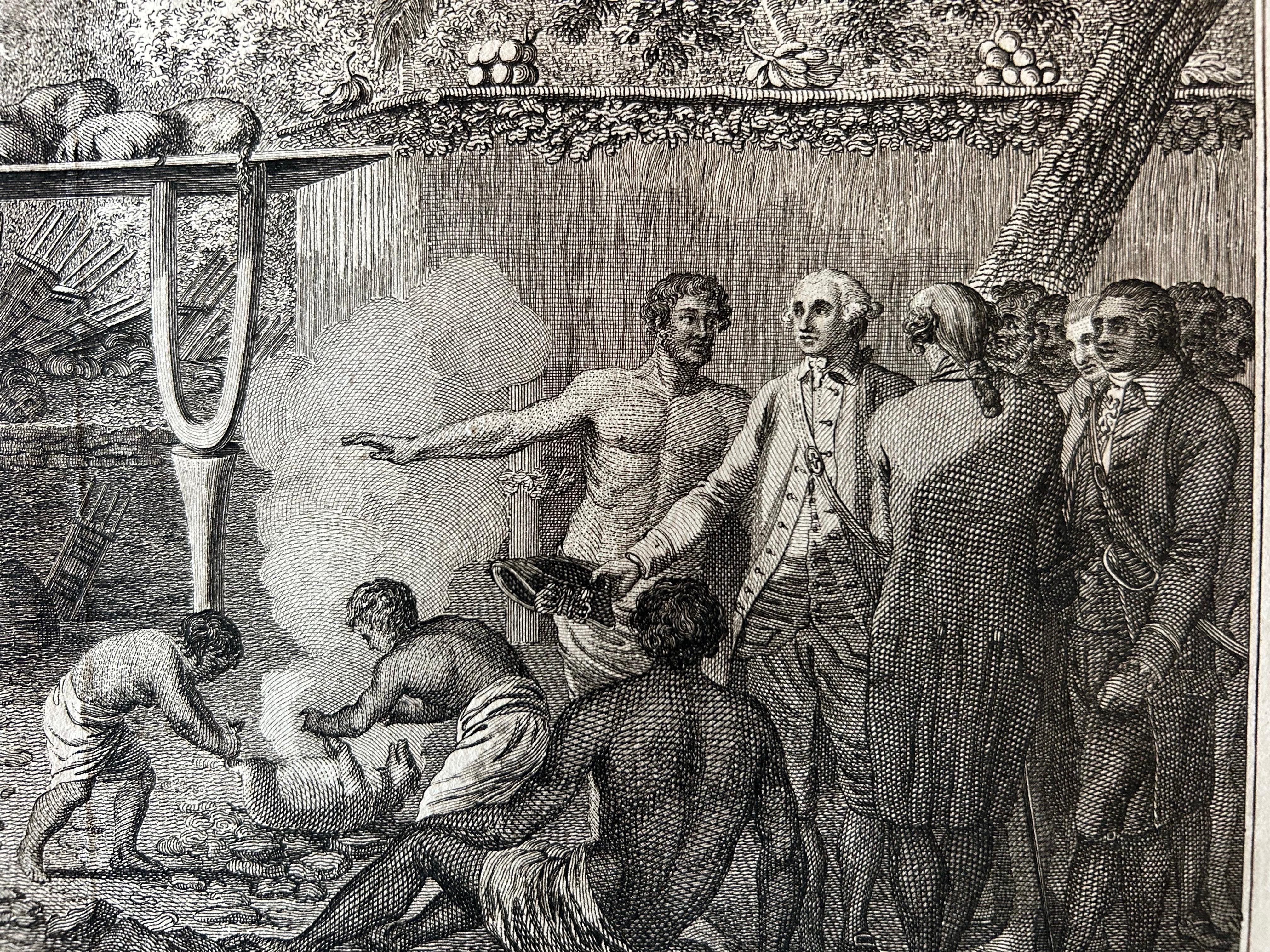 Old Print von Kapitän Cook, der ein menschliches Gebet in einem Morai, Tahiti, sieht, 1803 (Frühes 19. Jahrhundert) im Angebot