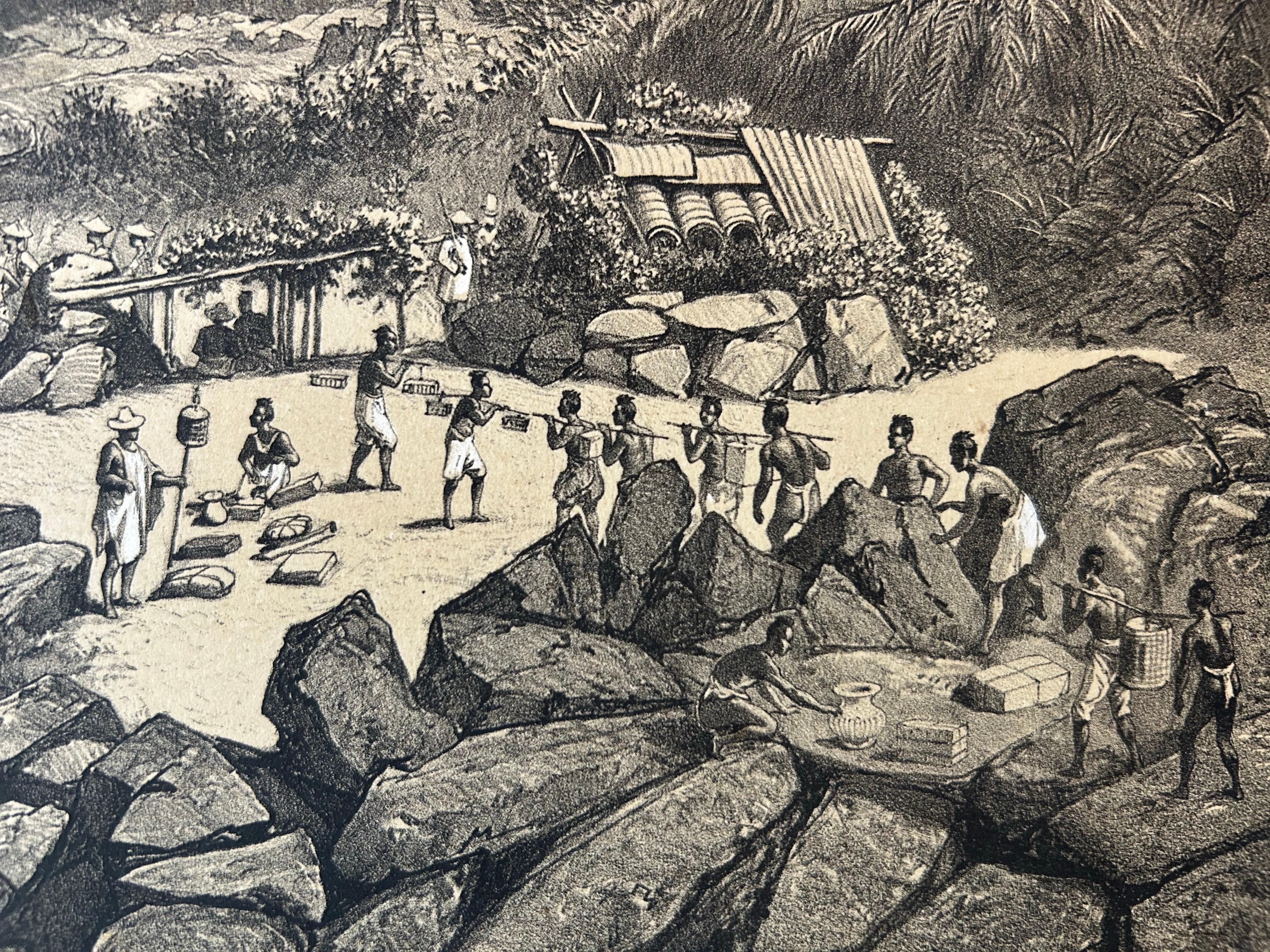 Großer antiker Druck eines Lagers in der Nähe des Mekong-Fluss, Laos (19. Jahrhundert) im Angebot