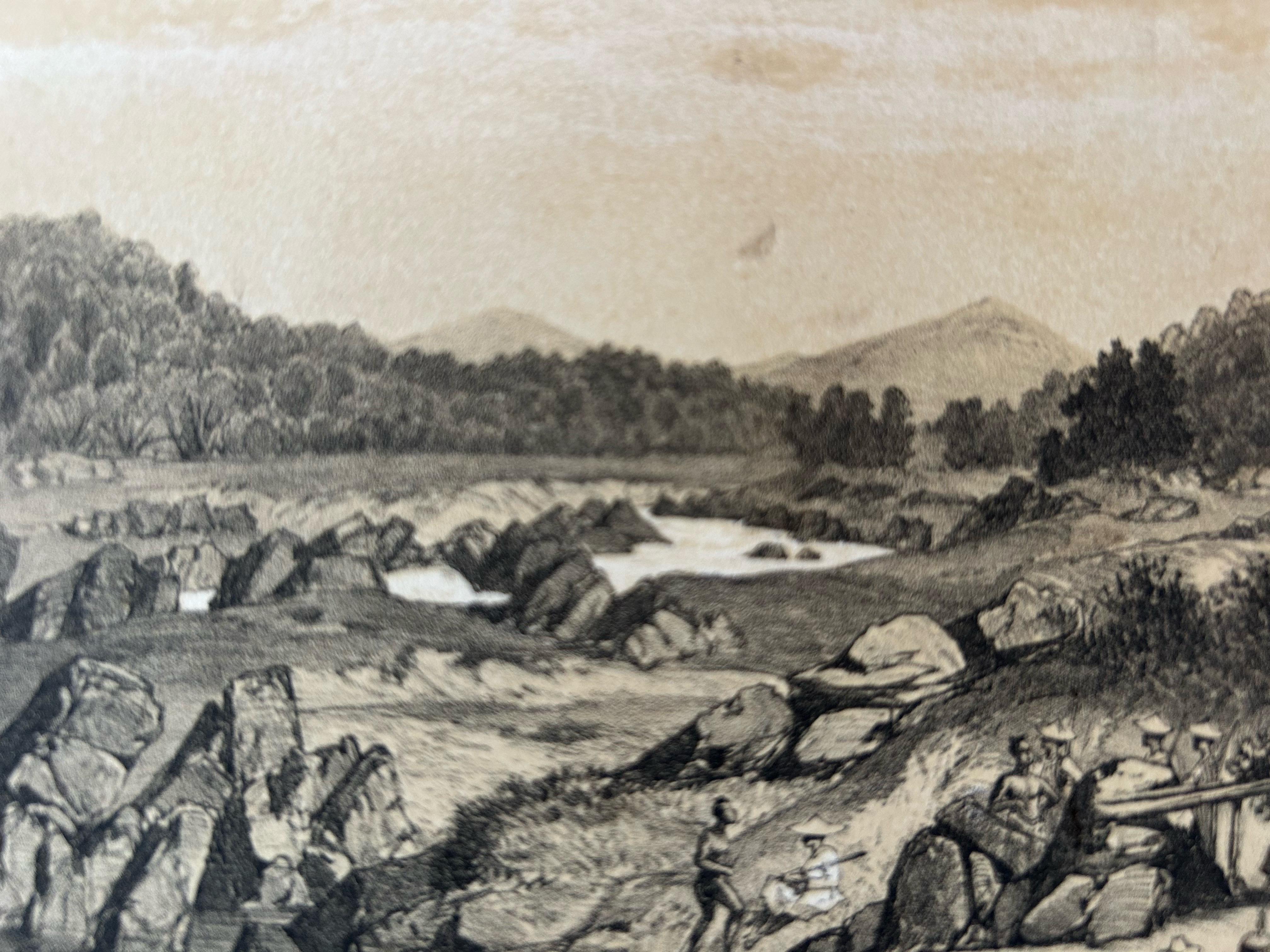 Großer antiker Druck eines Lagers in der Nähe des Mekong-Fluss, Laos (Papier) im Angebot