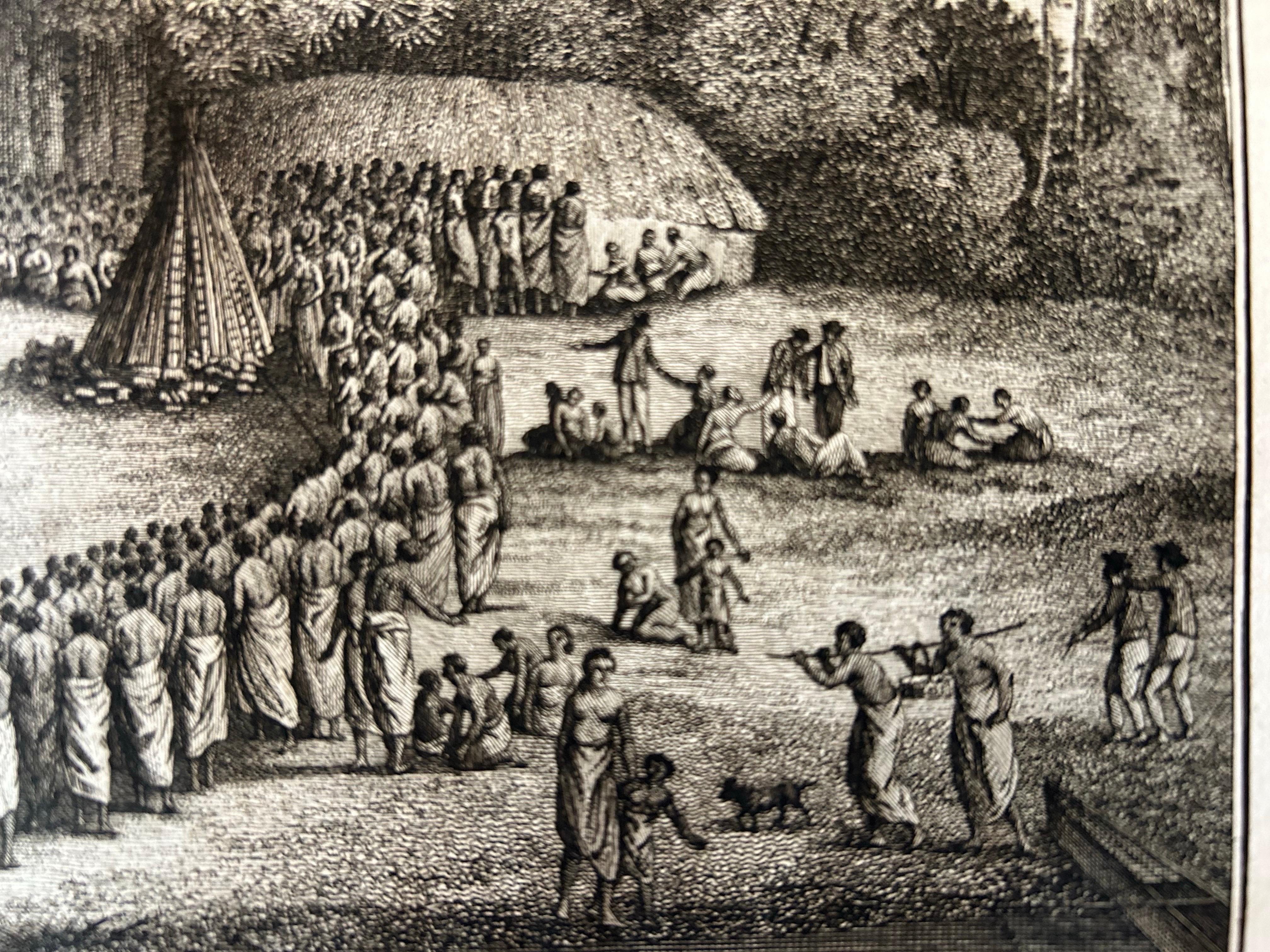 Antiker Druck der Ankunft von Kapitän Cook, 1803 (Papier) im Angebot