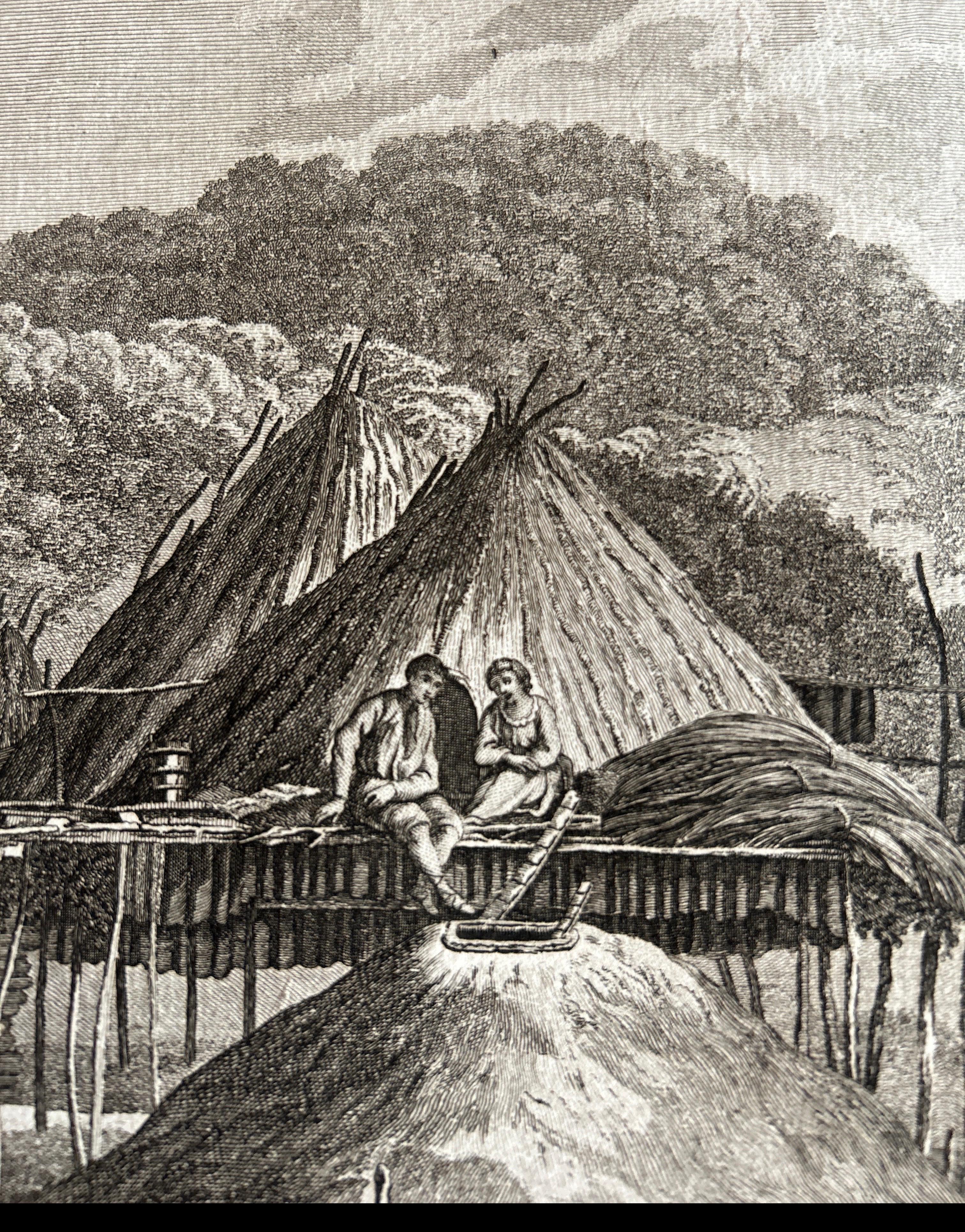 XIX secolo Incisione antica originale di Case in Kamchatka di Cook, 1803 in vendita