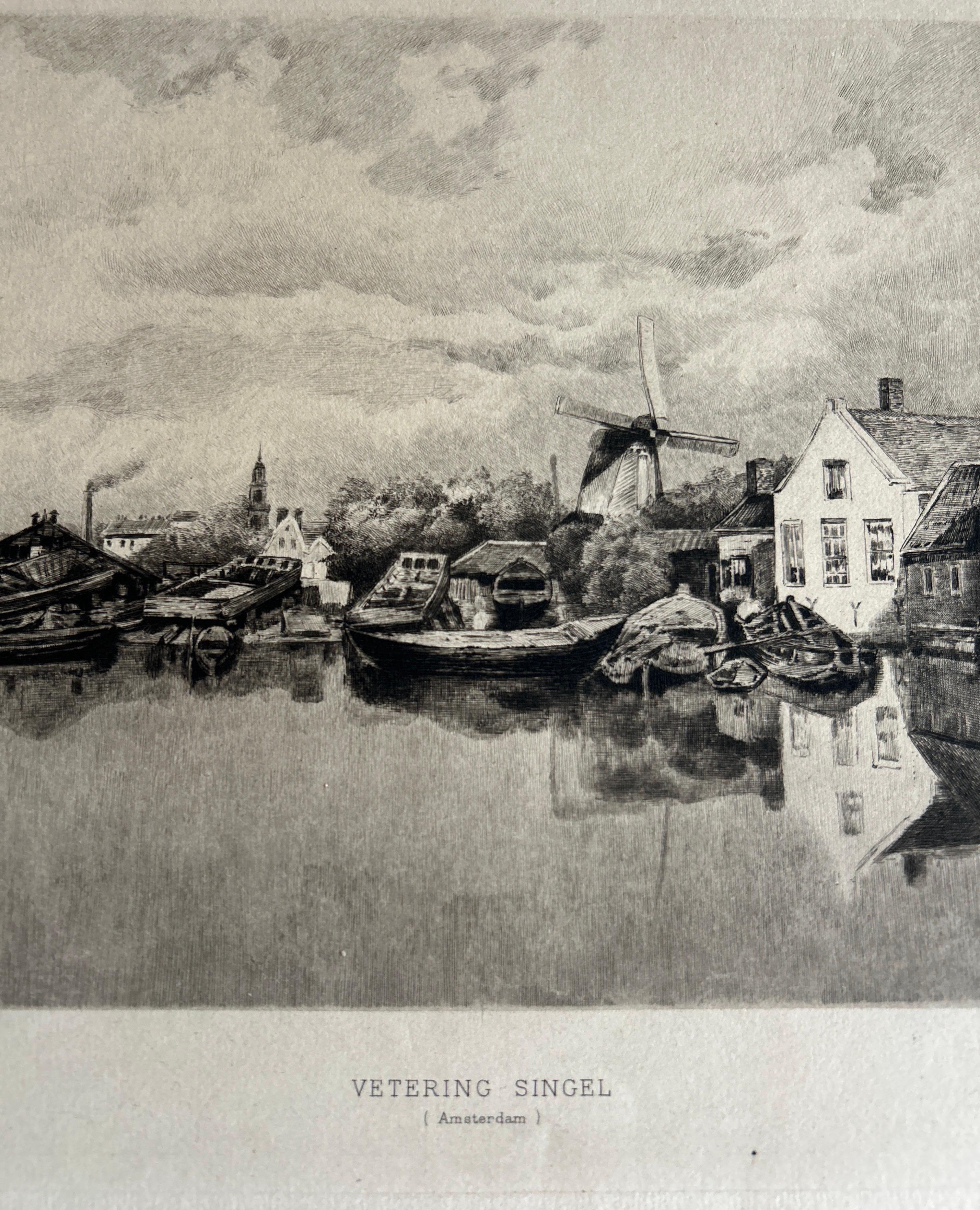 19th Century Vetering Singel, Amsterdam – Canal View with Windmill and Boats c.1875 For Sale