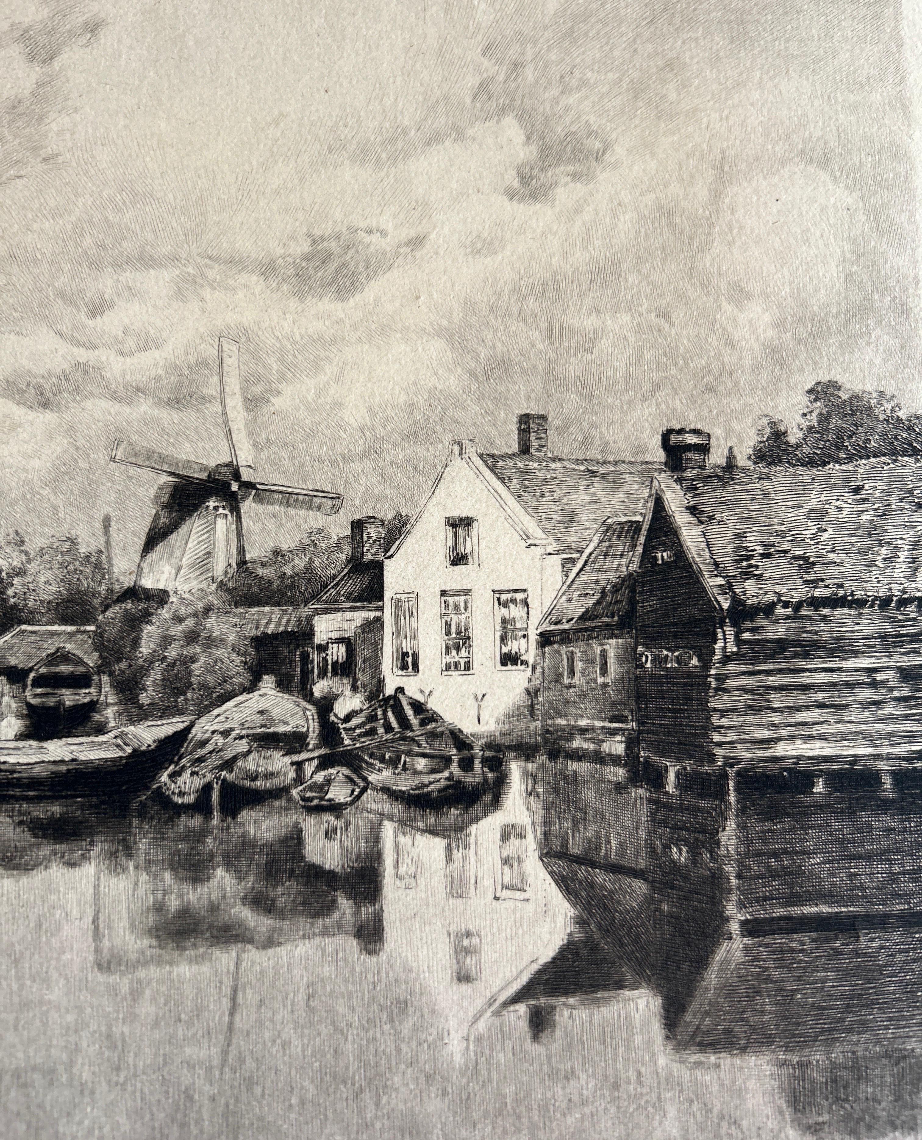 Paper Vetering Singel, Amsterdam – Canal View with Windmill and Boats c.1875 For Sale