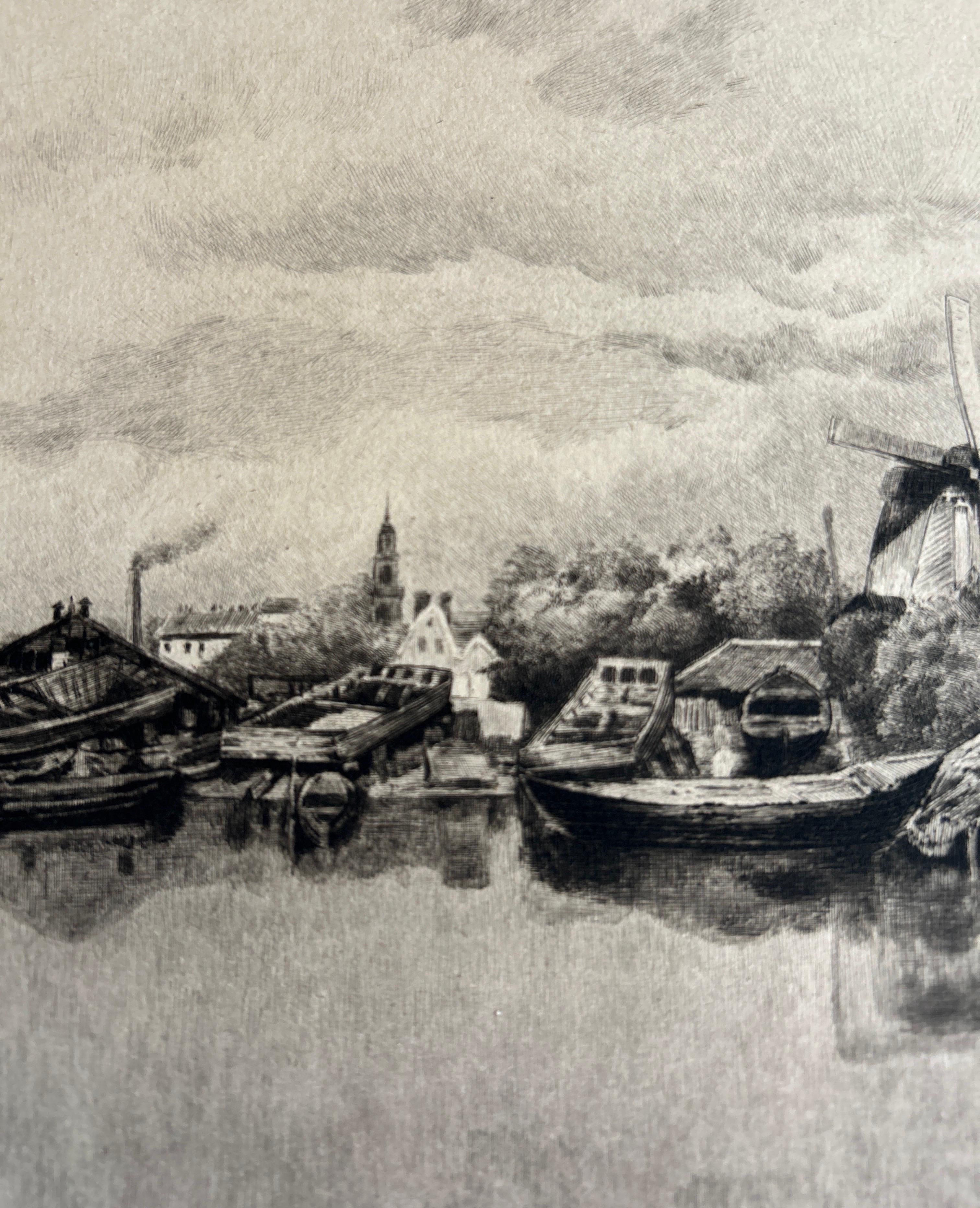 Vetering Singel, Amsterdam – Canal View with Windmill and Boats c.1875 For Sale 1
