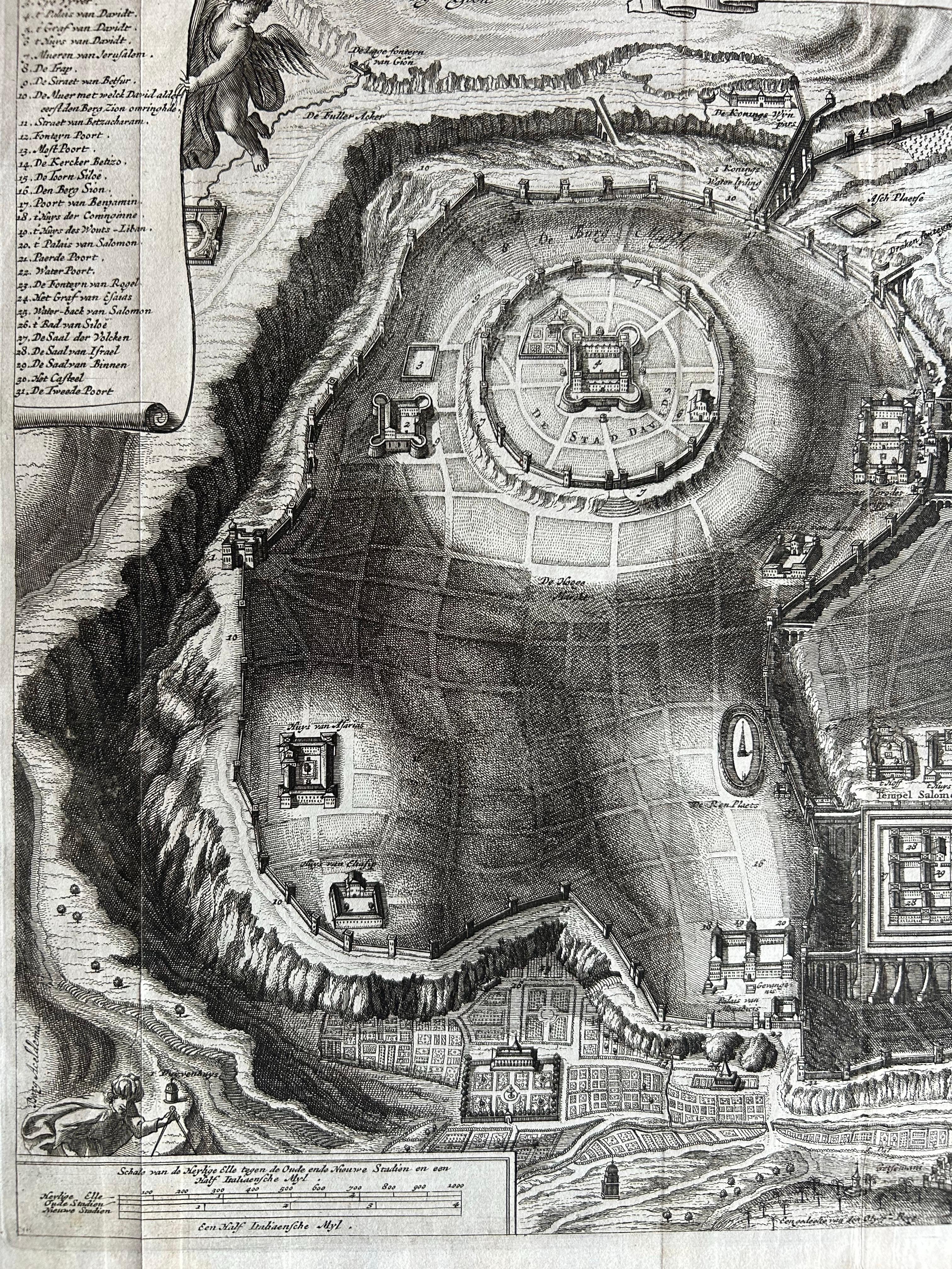 Plan of Ancient Jerusalem – Cornelis de Bruijn’s Engraved City View c.1698 In Good Condition For Sale In Langweer, NL