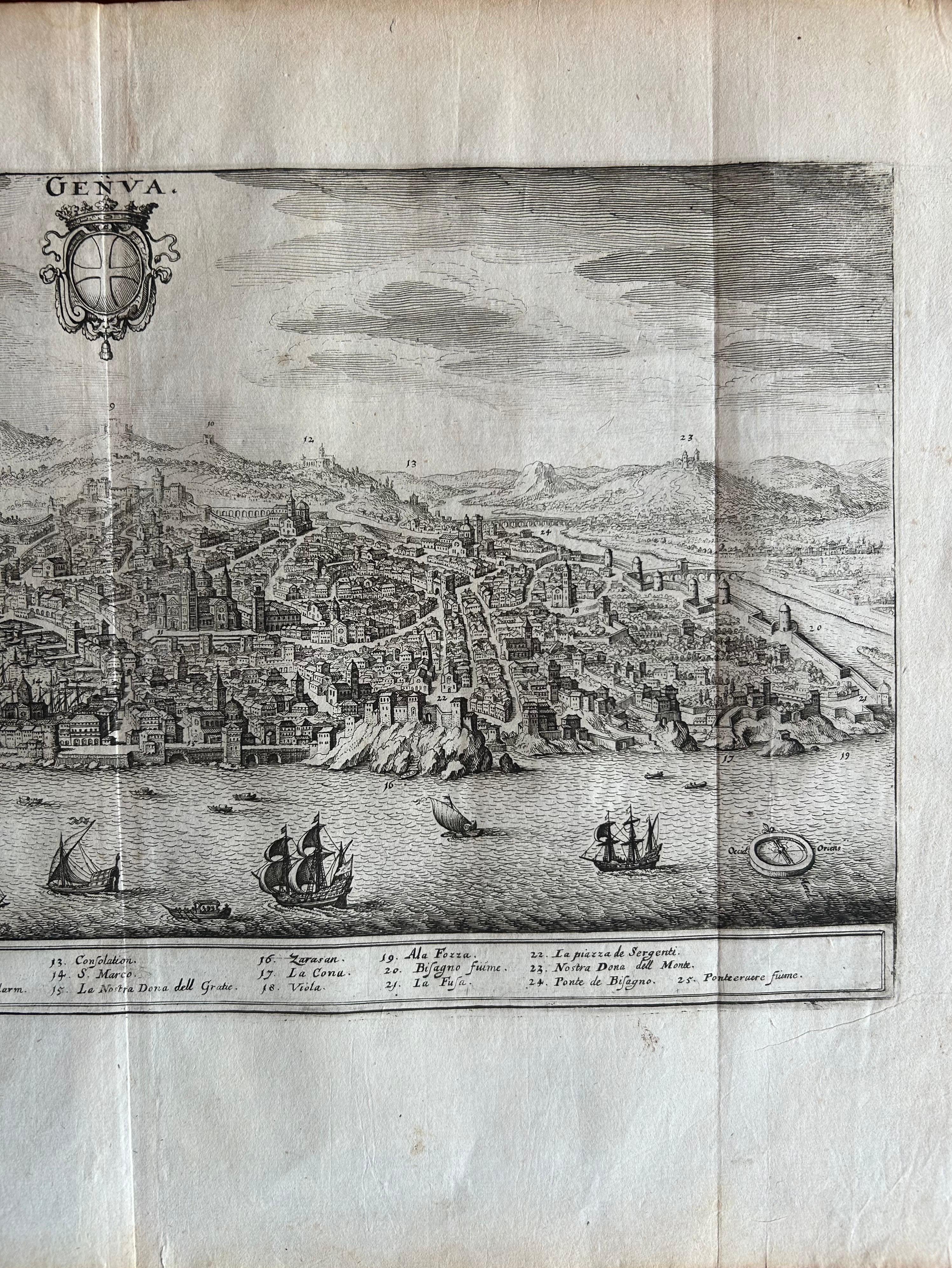 17th Century Bird’s-Eye View of Genoa – Engraving by Matthäus Merian the Elder c.1650 For Sale