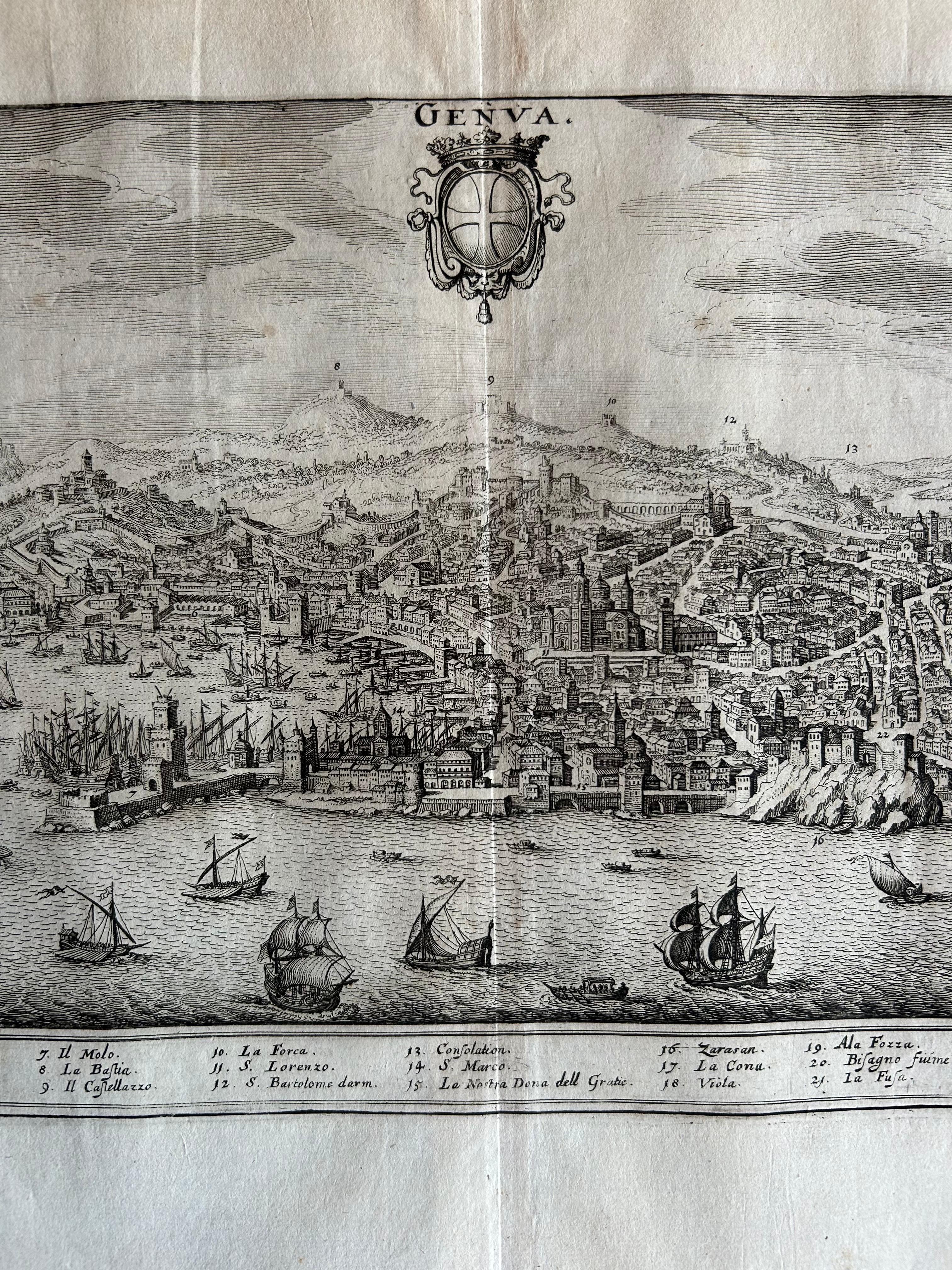 Paper Bird’s-Eye View of Genoa – Engraving by Matthäus Merian the Elder c.1650 For Sale