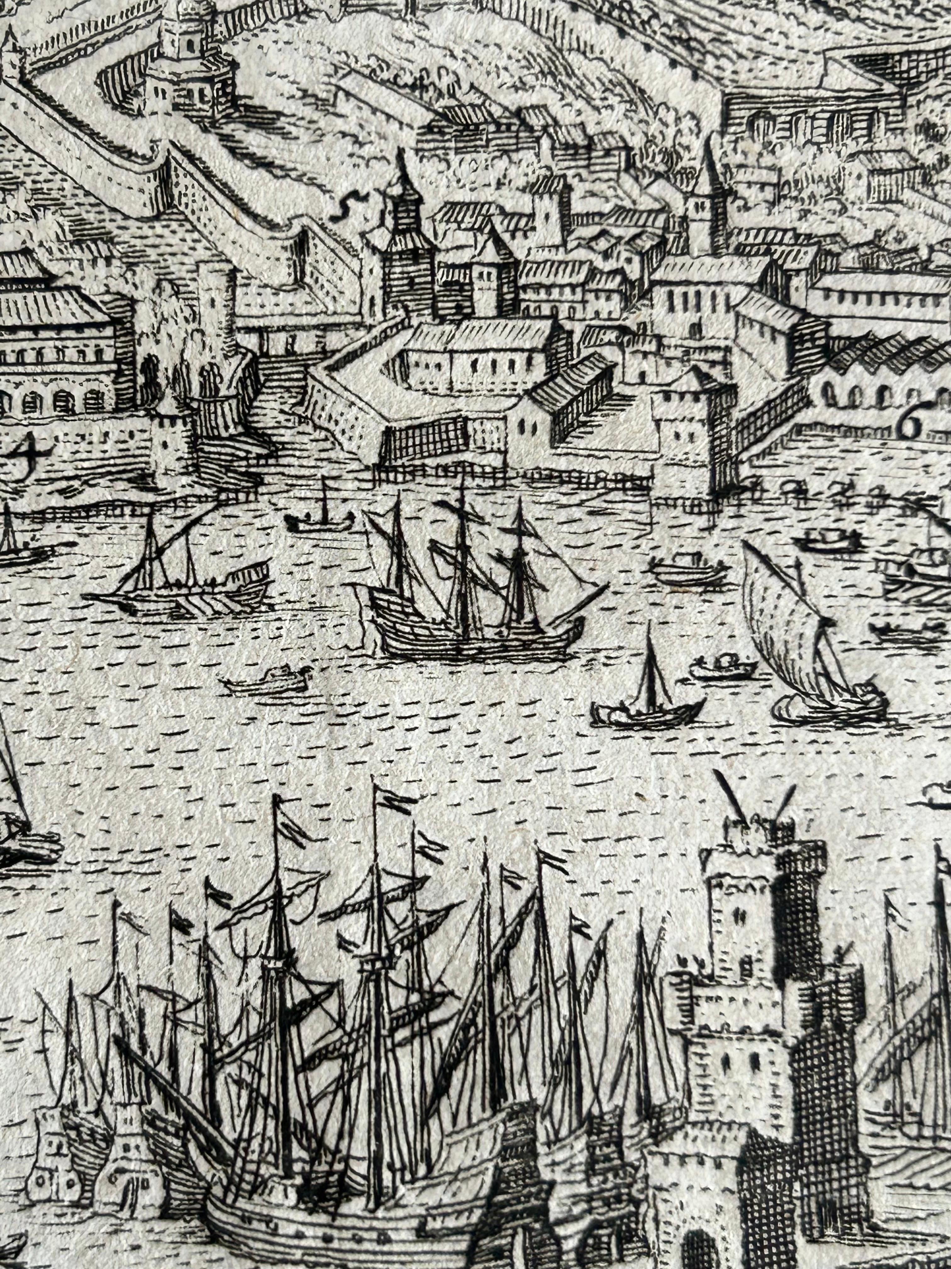 Bird’s-Eye View of Genoa – Engraving by Matthäus Merian the Elder c.1650 In Good Condition For Sale In Langweer, NL