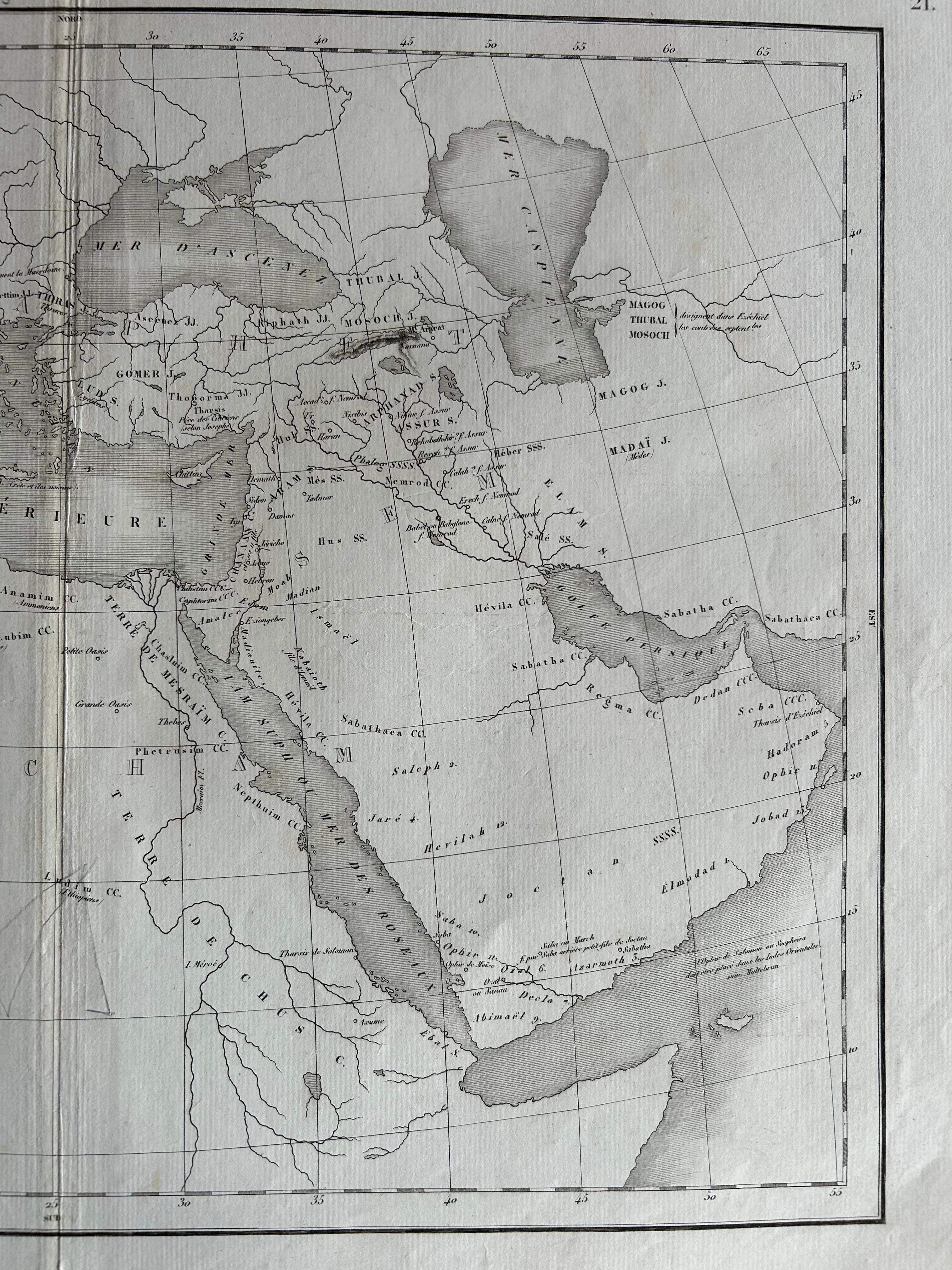 Géographie des Hébreux – Tableau de la Dispersion des Enfants de Noé, 1837

This antique map, titled Géographie des Hébreux ou Tableau de la Dispersion des enfants de Noé, offers a fascinating insight into biblical geography as it was understood in
