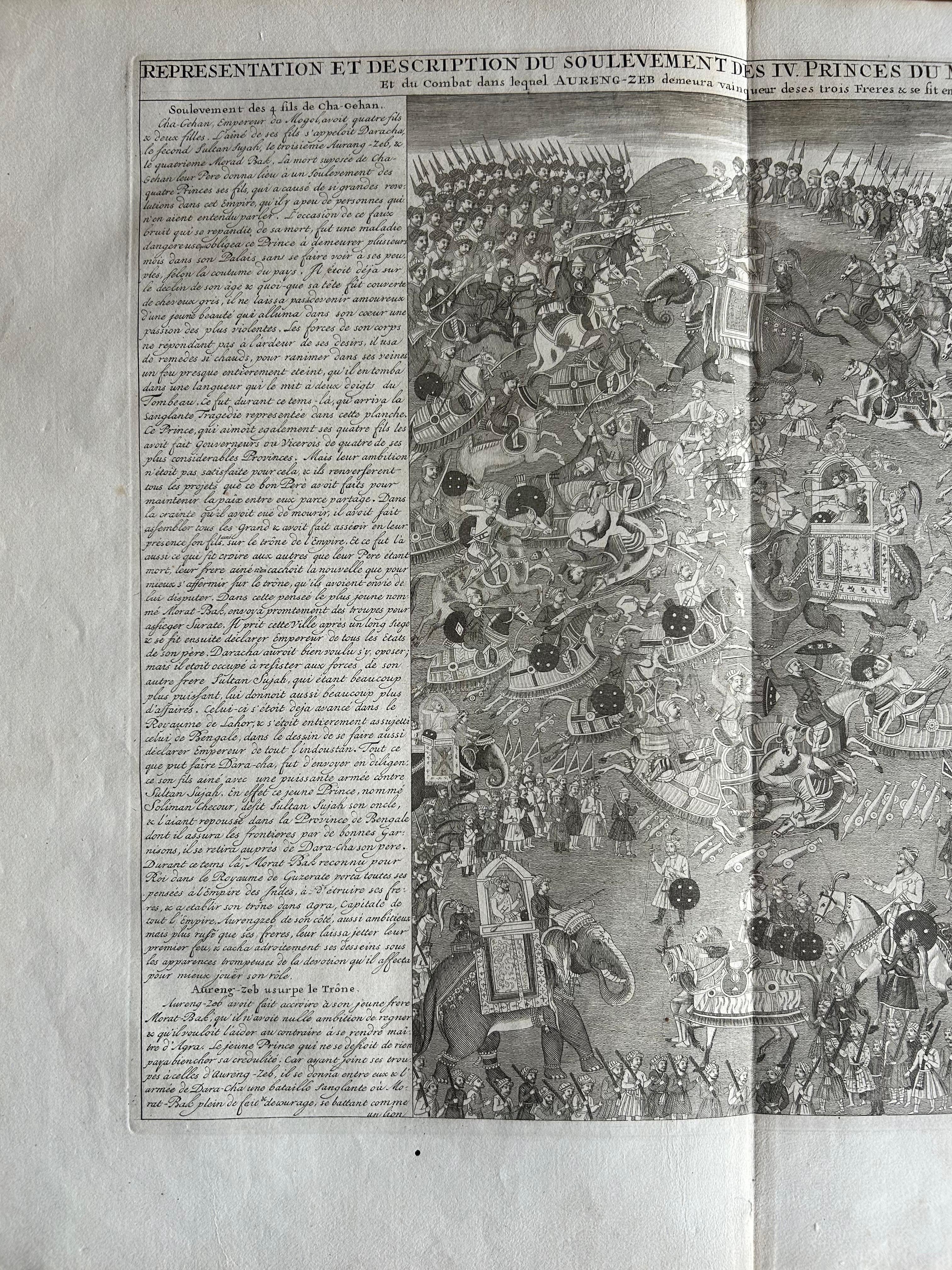 Mughal Princes’ Revolt – Battle Engraving by Chatelain, Atlas Historique 1718 In Good Condition For Sale In Langweer, NL