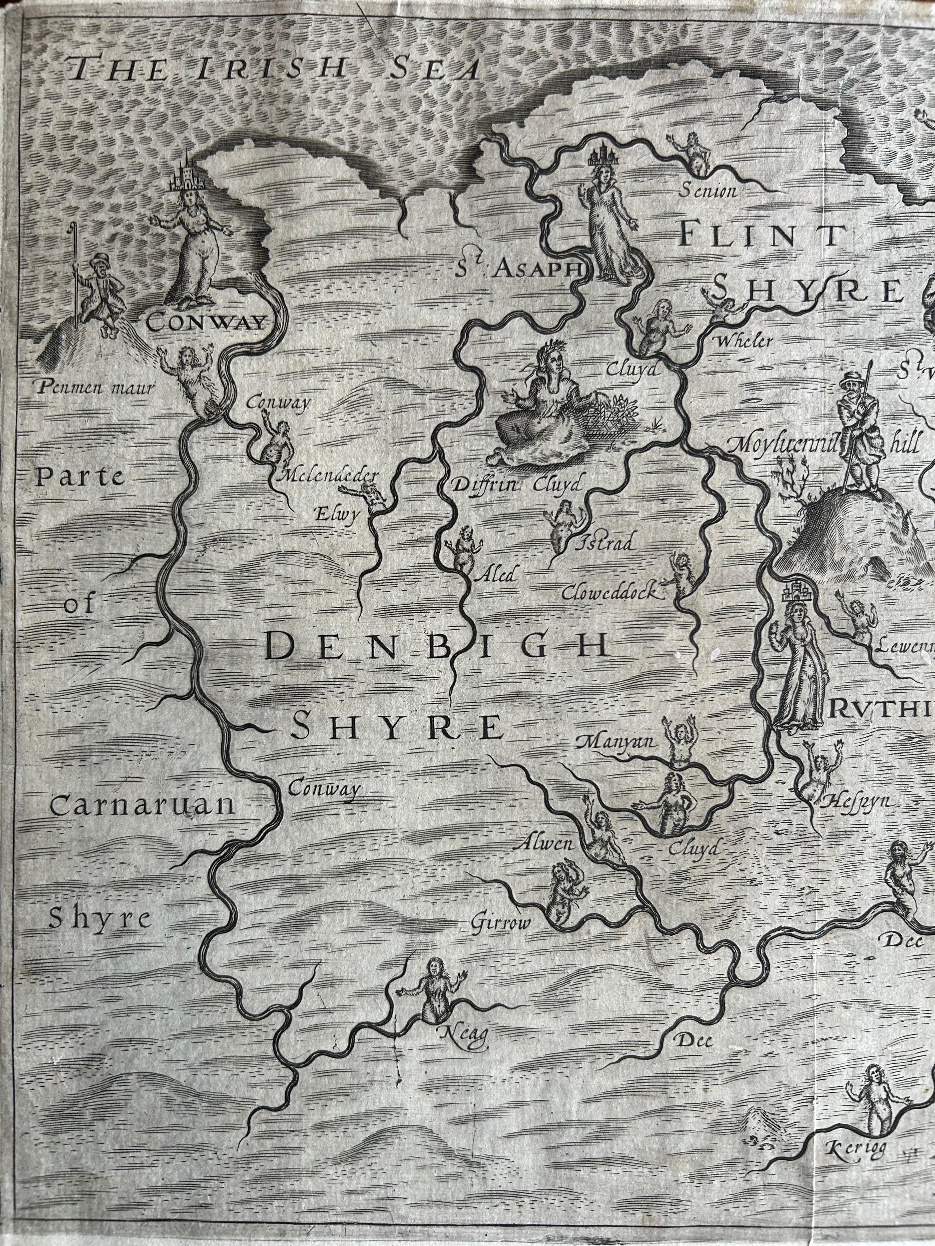 17th Century Denbighshire & Flintshire – Antique Map from Drayton’s Poly-Olbion, 1622 For Sale