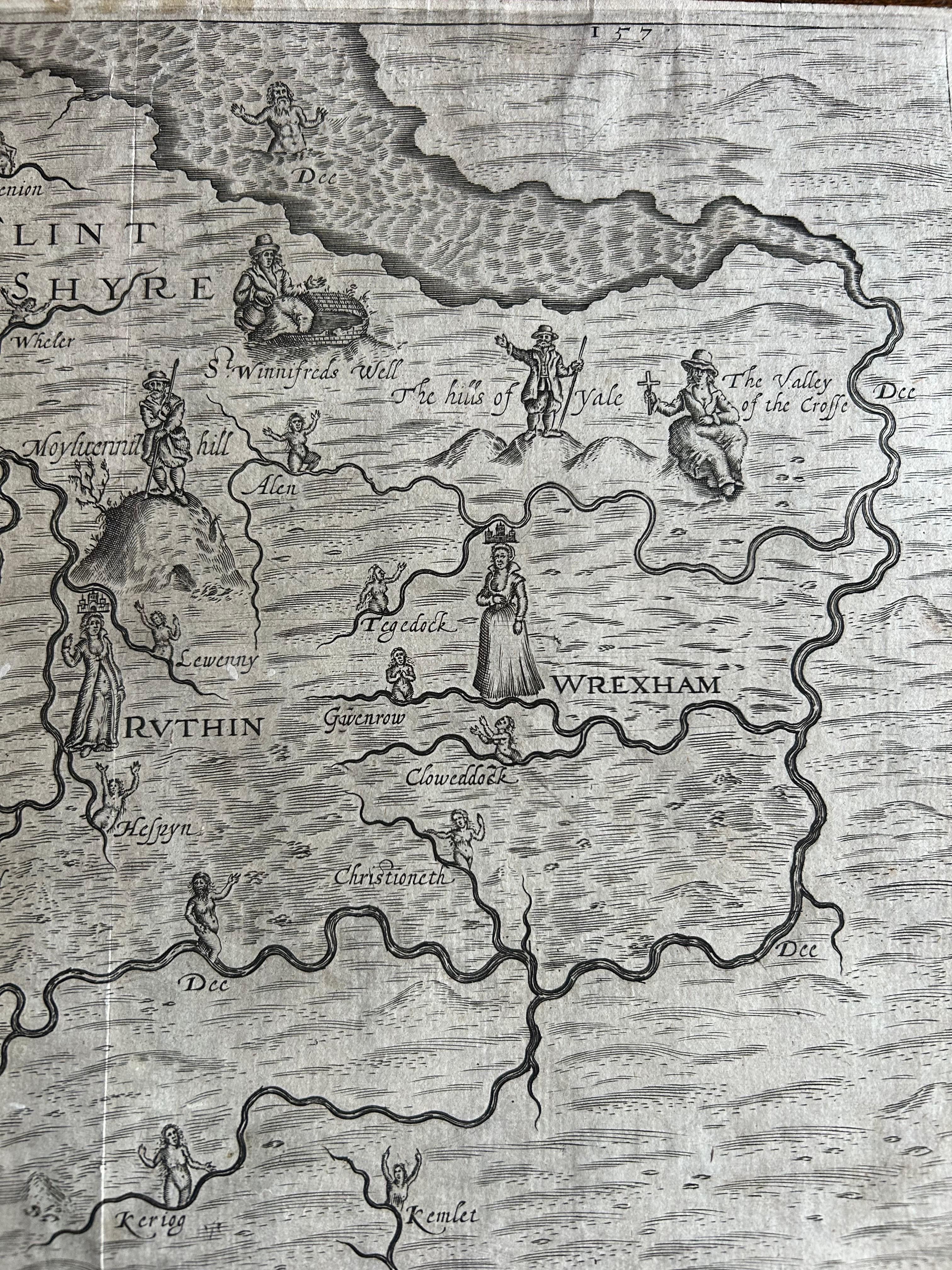 Engraved Denbighshire & Flintshire – Antique Map from Drayton’s Poly-Olbion, 1622 For Sale