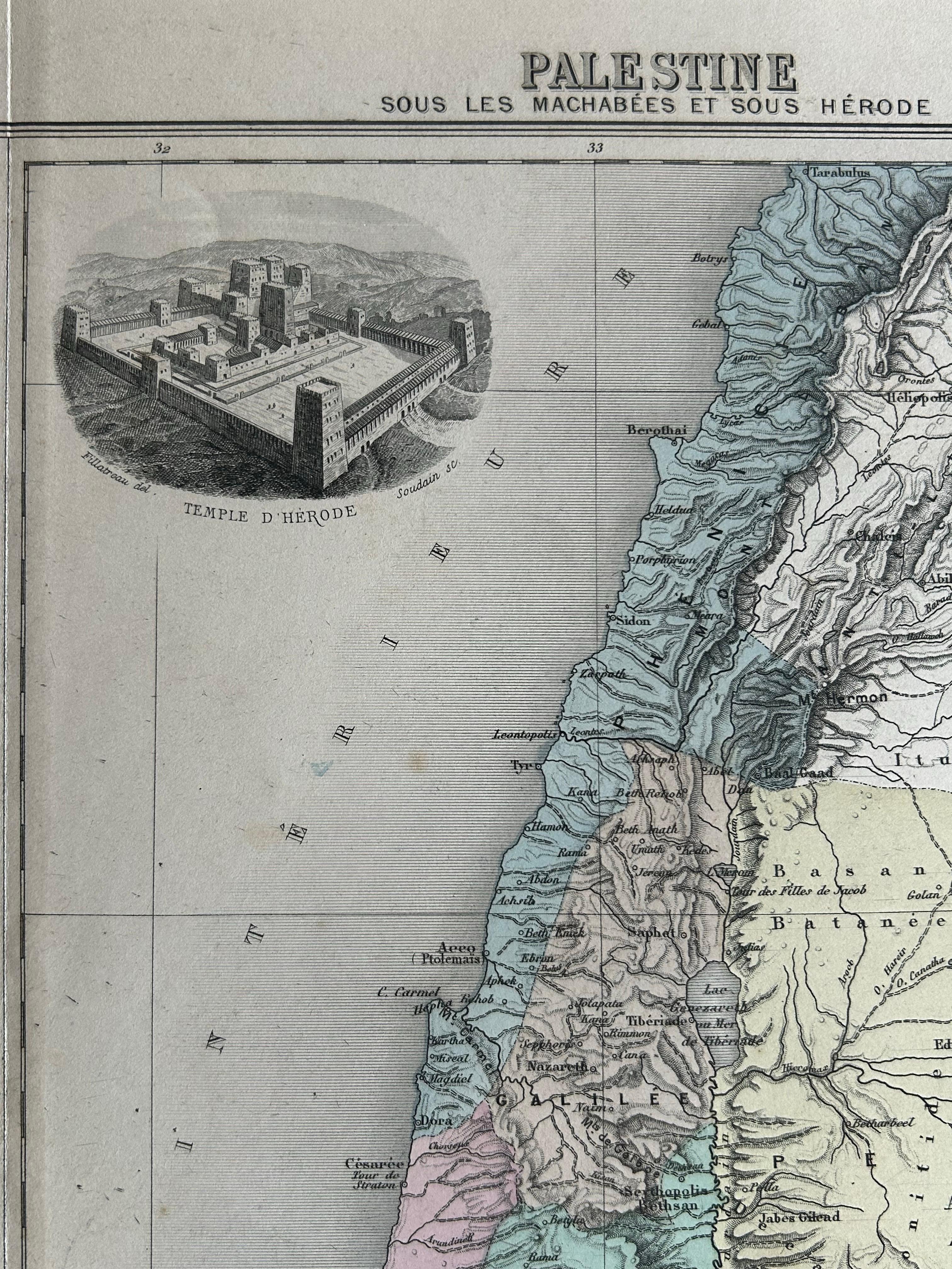Mapa antiguo de Palestina con viñetas de los templos de Salomón y Heródoto siglo XIX en venta