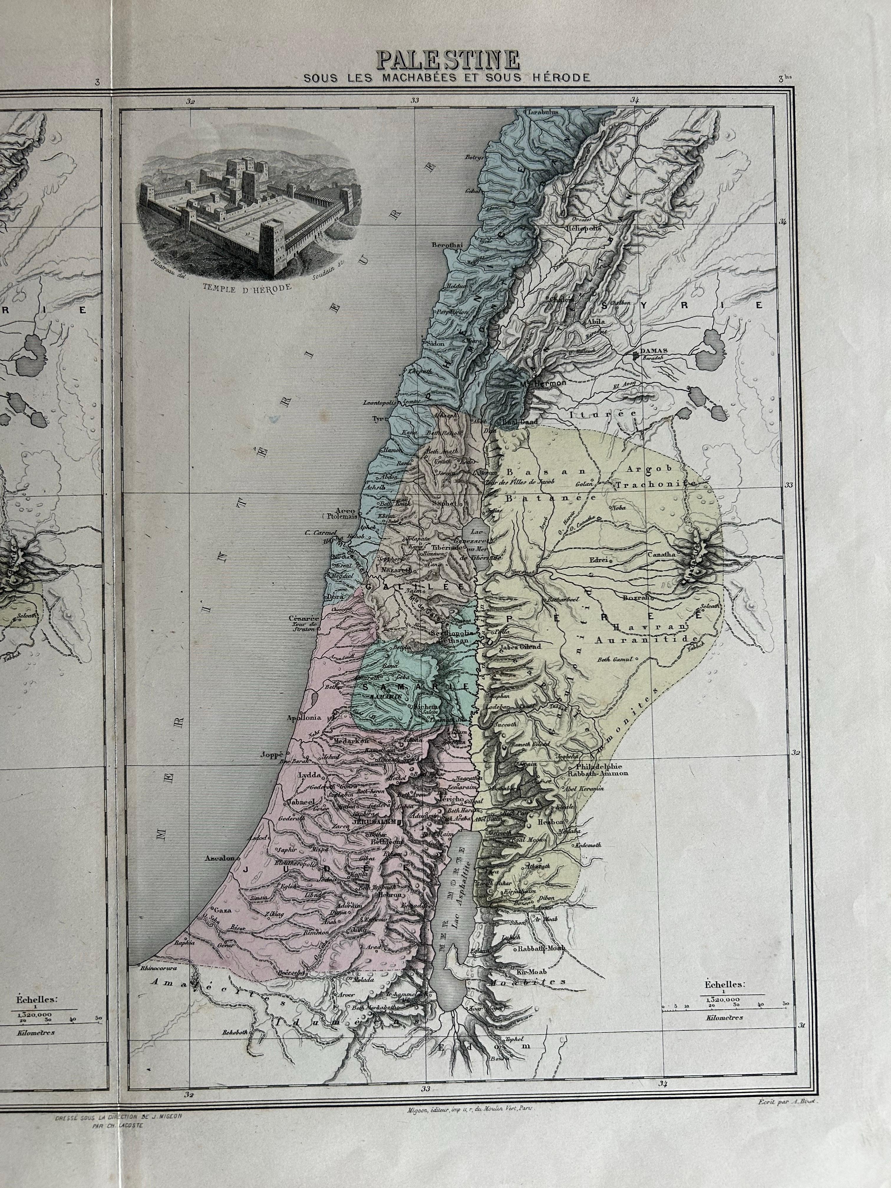 Mapa antiguo de Palestina con viñetas de los templos de Salomón y Heródoto Papel en venta