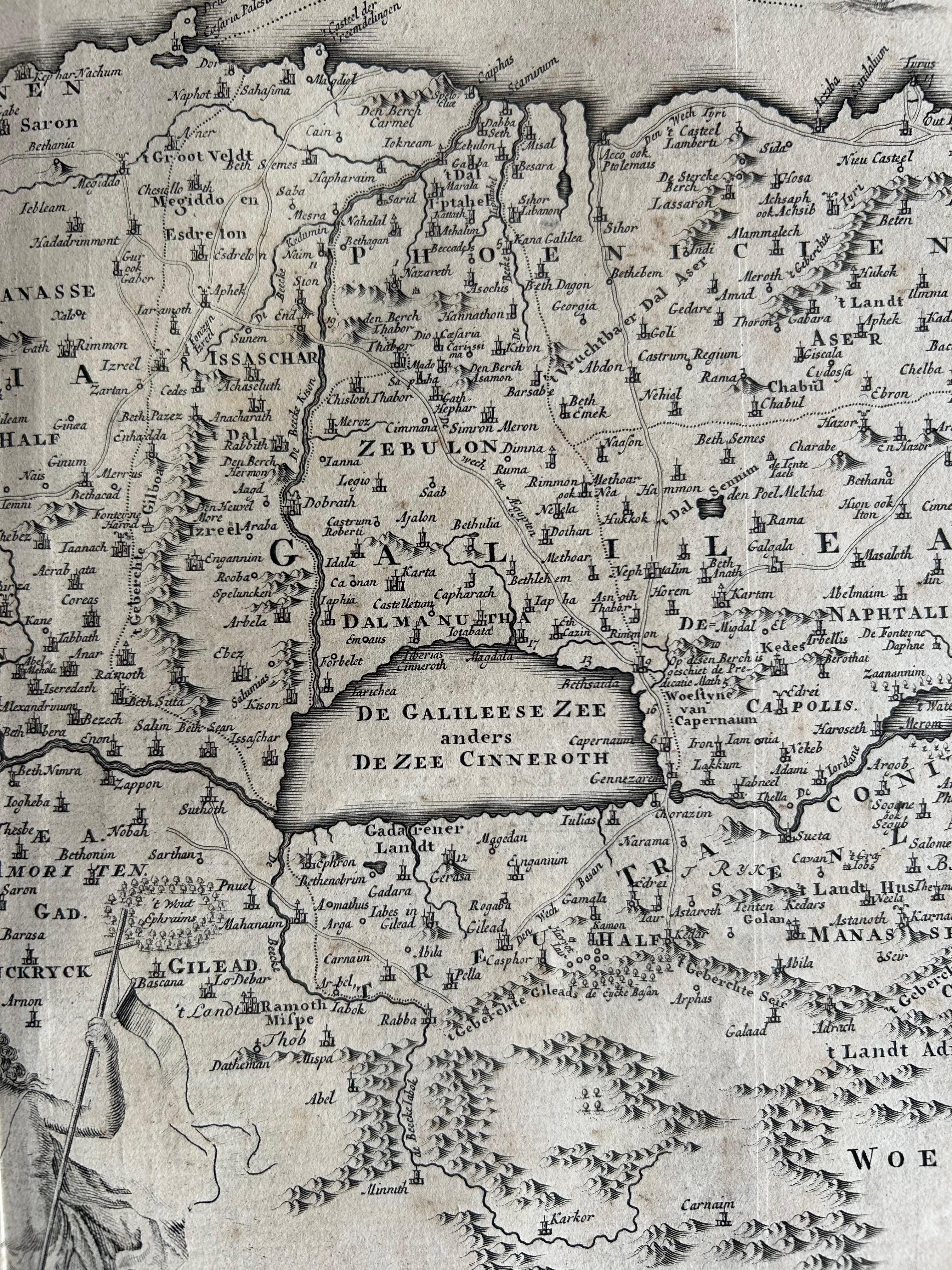 Mappa antica di Israel piena di scene bibliche, pubblicata nel 1748 In condizioni buone in vendita a Langweer, NL