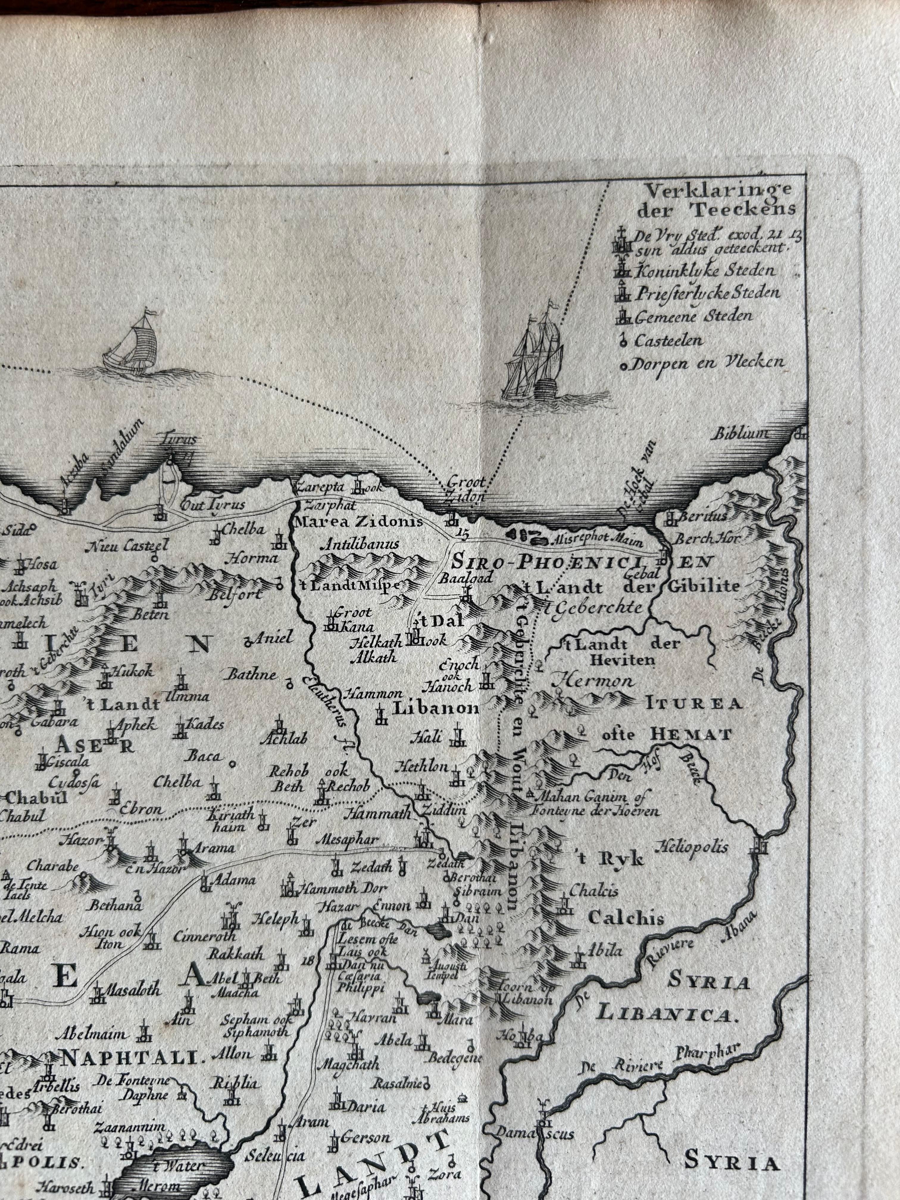 Metà XVIII secolo Mappa antica di Israel piena di scene bibliche, pubblicata nel 1748 in vendita