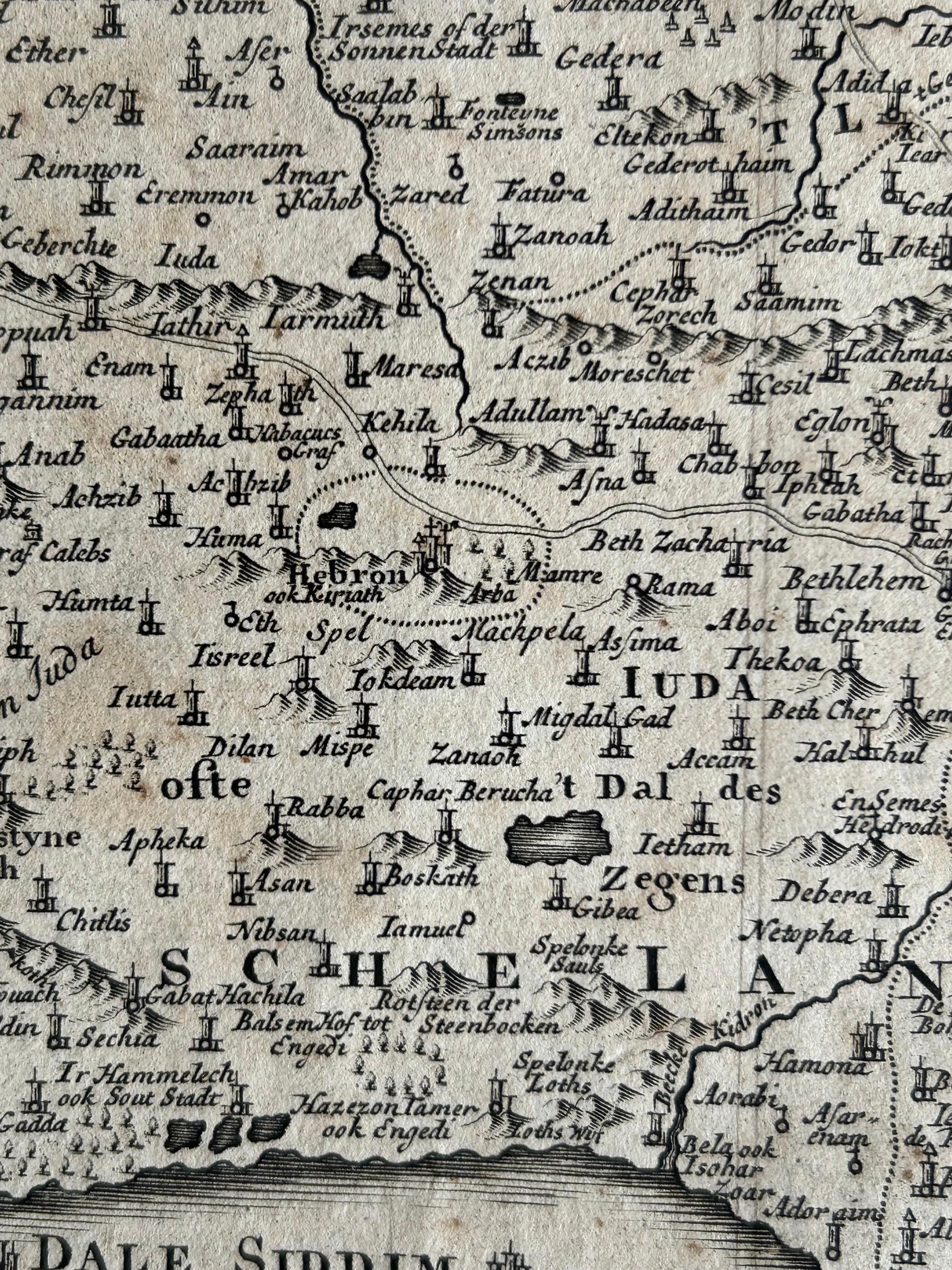 Carta Mappa antica di Israel piena di scene bibliche, pubblicata nel 1748 in vendita