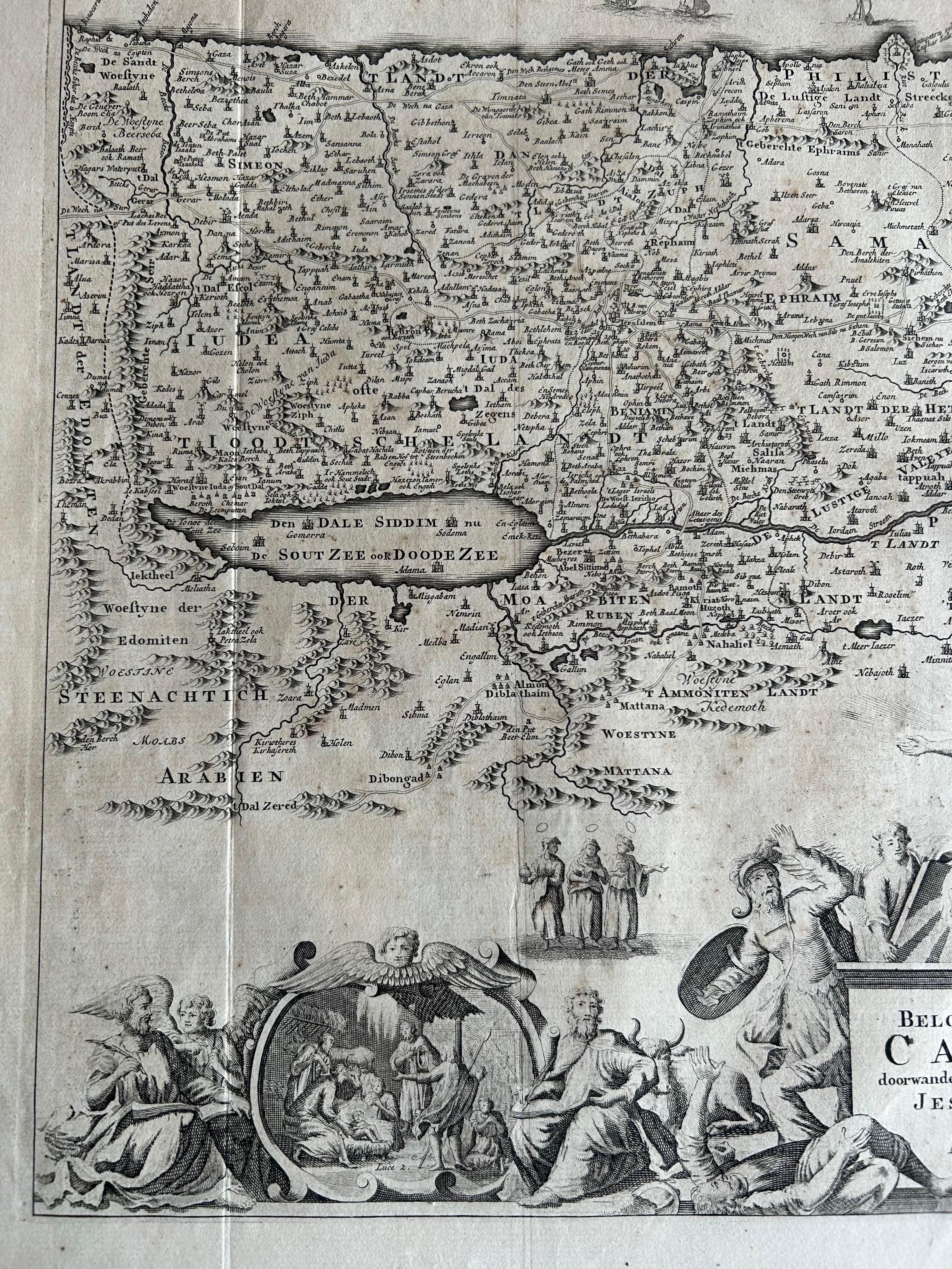 Mappa antica di Israel piena di scene bibliche, pubblicata nel 1748 in vendita 2