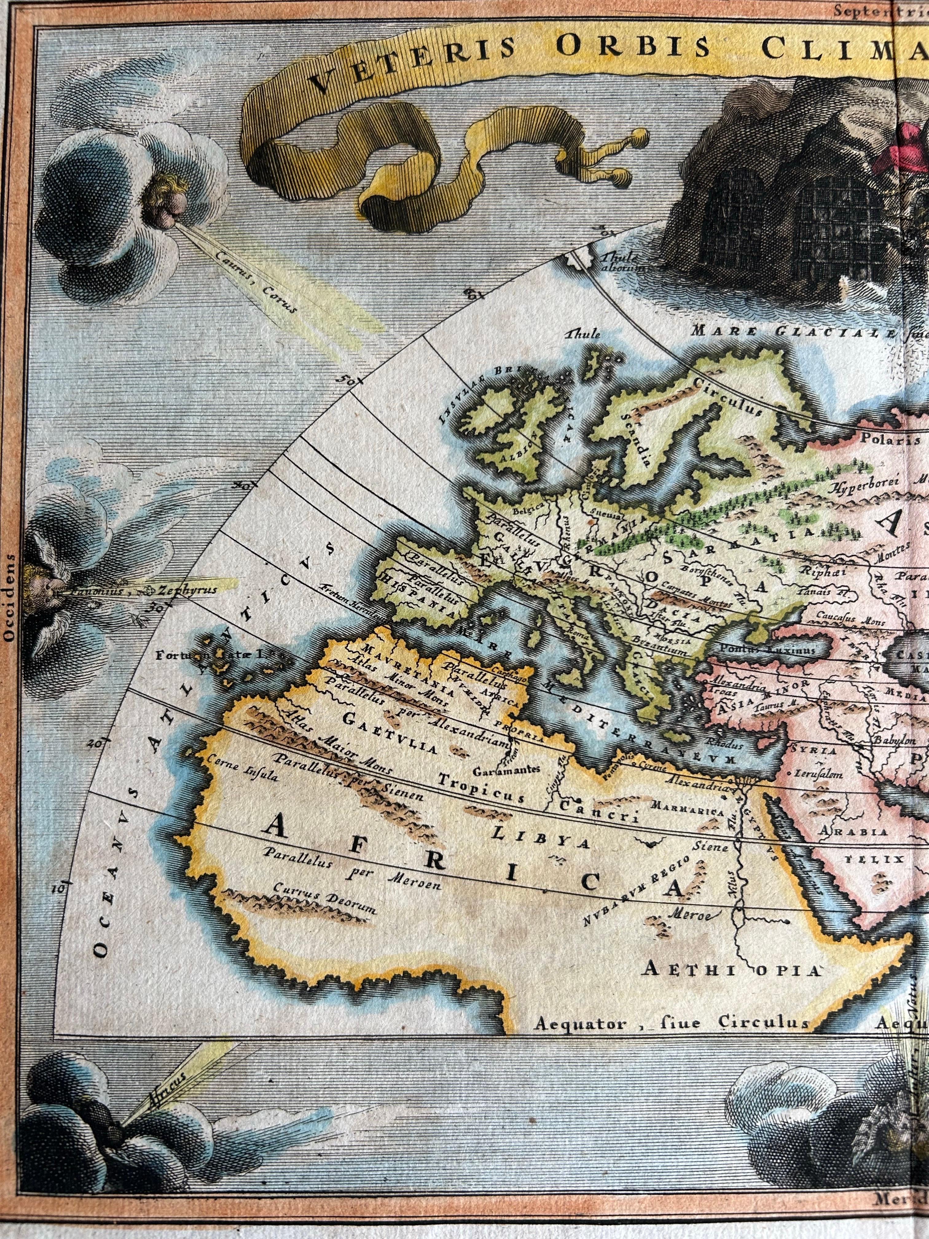 Engraved Veteris Orbis Climata – Ancient World Map after Strabo by Cellarius, 1731 For Sale