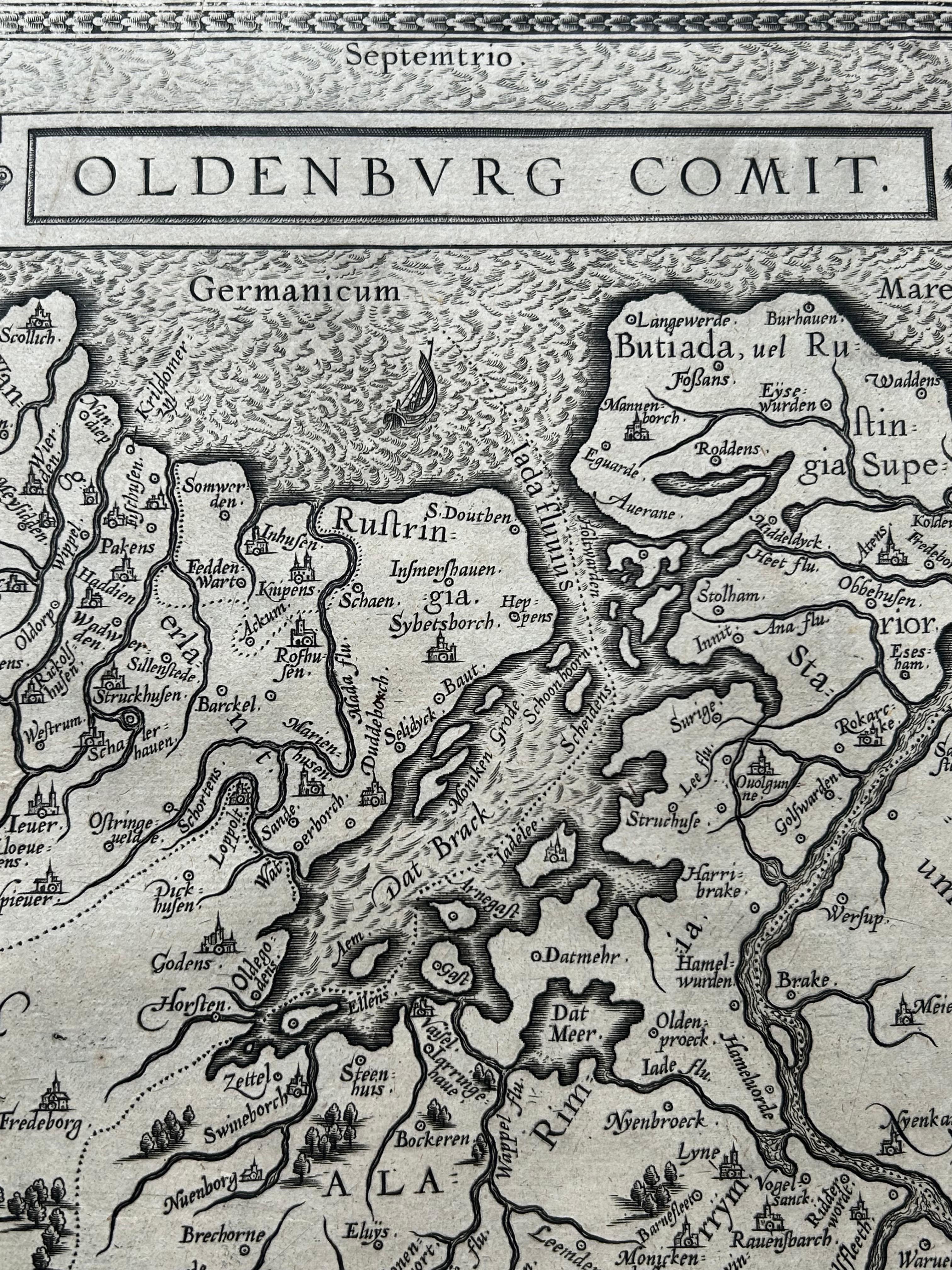 Carta geografica antica della Danimarca e della Germania di Oldenburg di A. Ortelius, 1598 ca. In condizioni buone in vendita a Langweer, NL