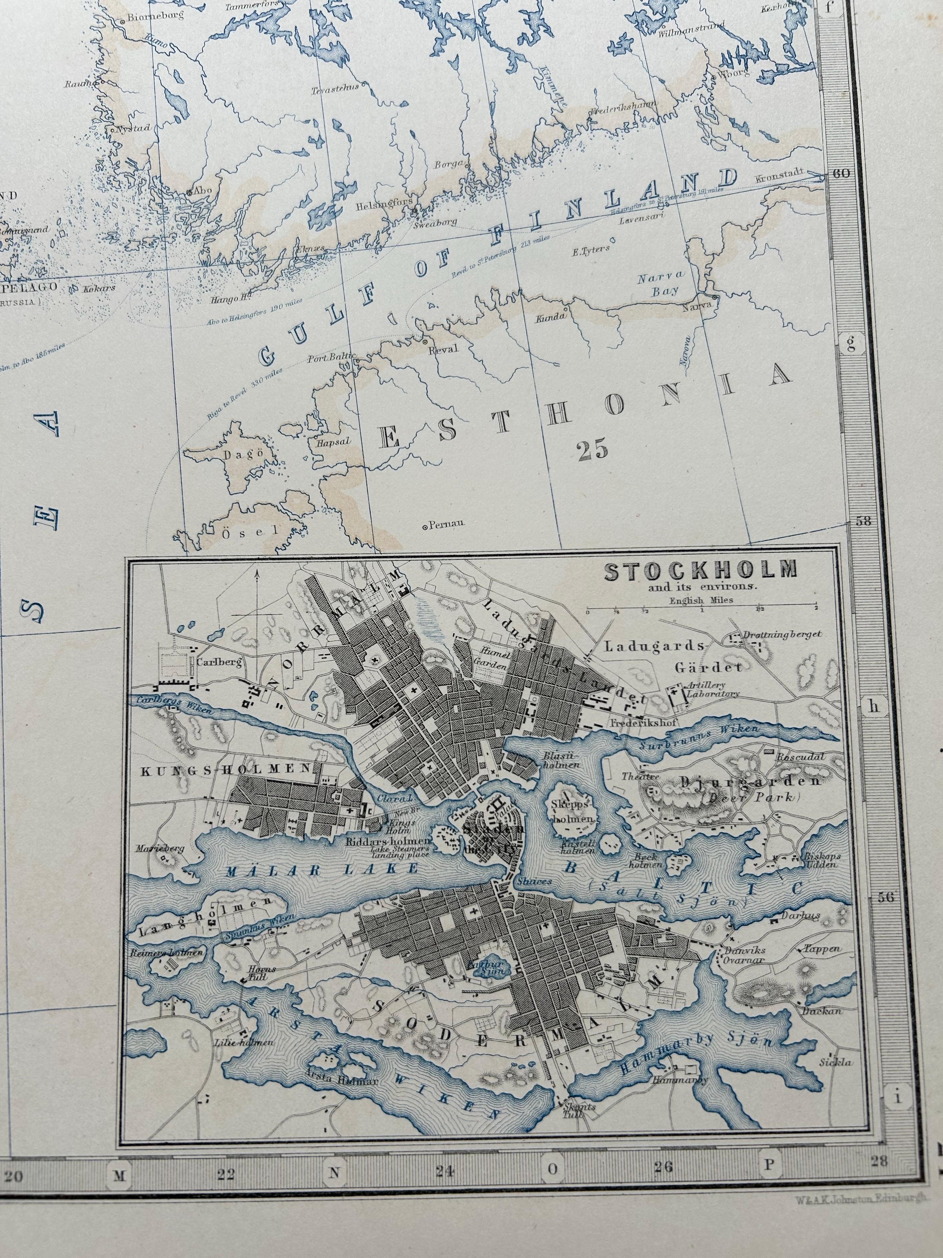 Sweden & Norway – Antique Map of Scandinavia with Stockholm Inset, 1865 In Good Condition For Sale In Langweer, NL