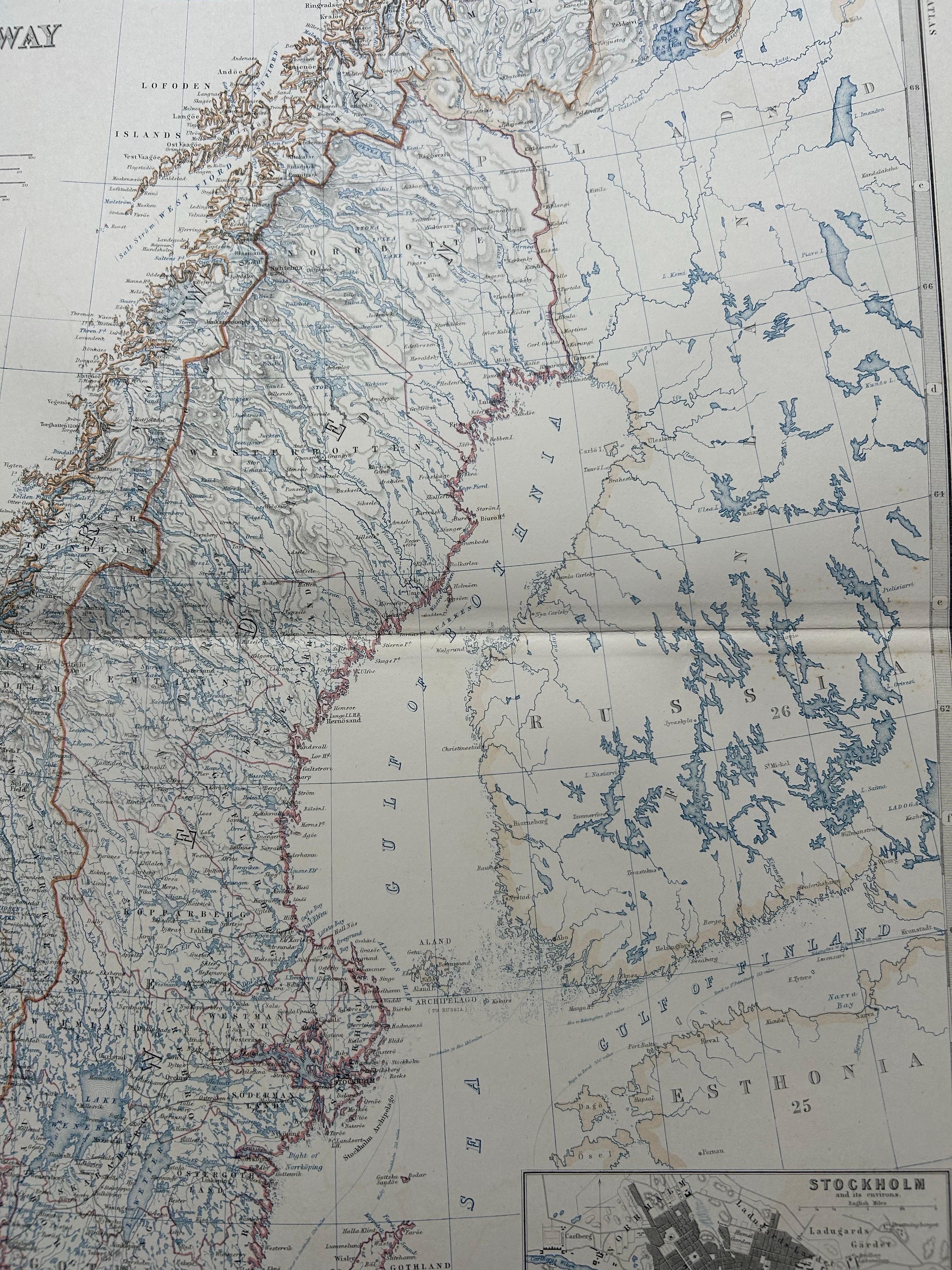 Paper Sweden & Norway – Antique Map of Scandinavia with Stockholm Inset, 1865 For Sale