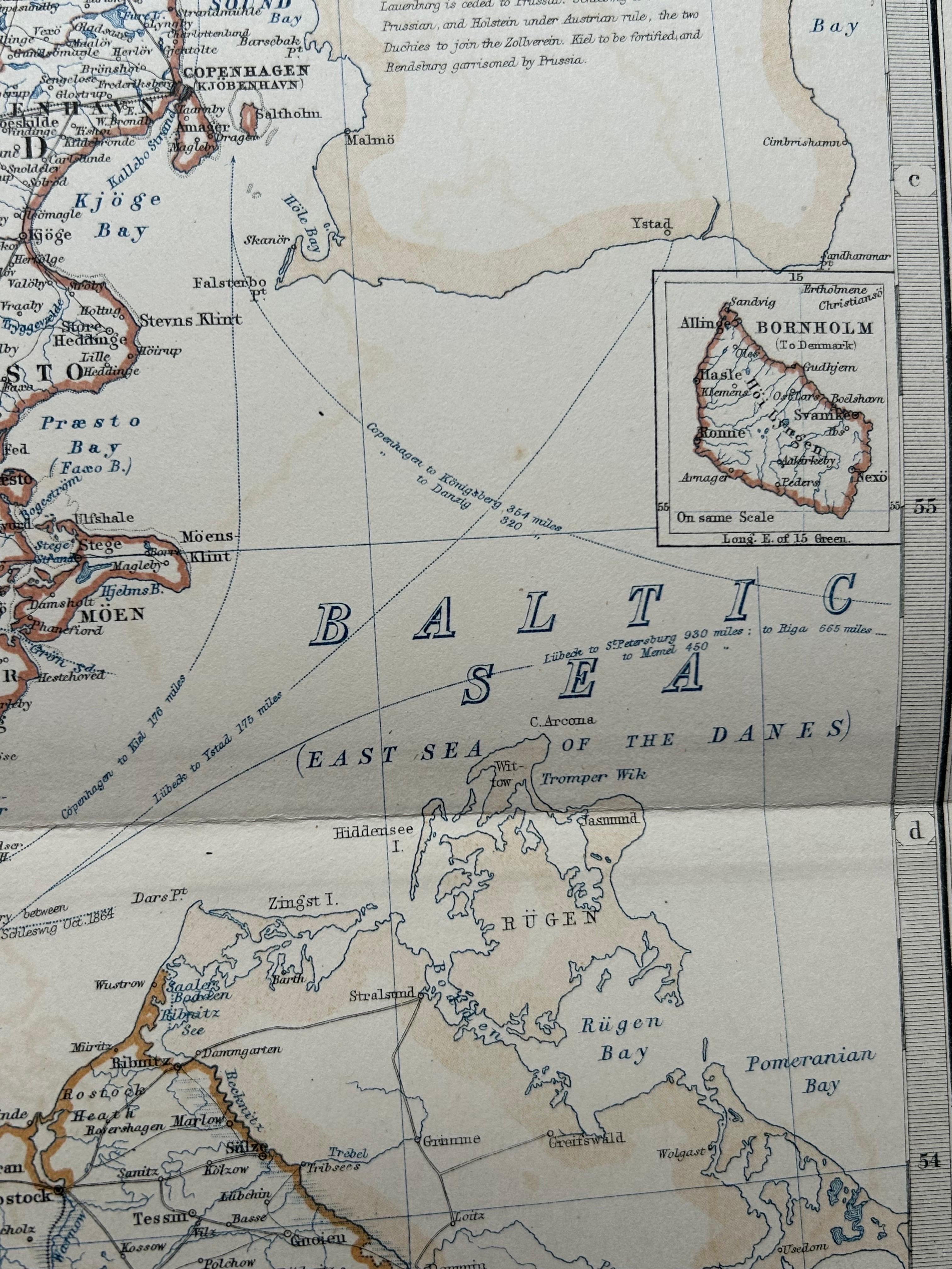 Mapa antiguo de Dinamarca por A.K. Johnston, 1865 Papel en venta