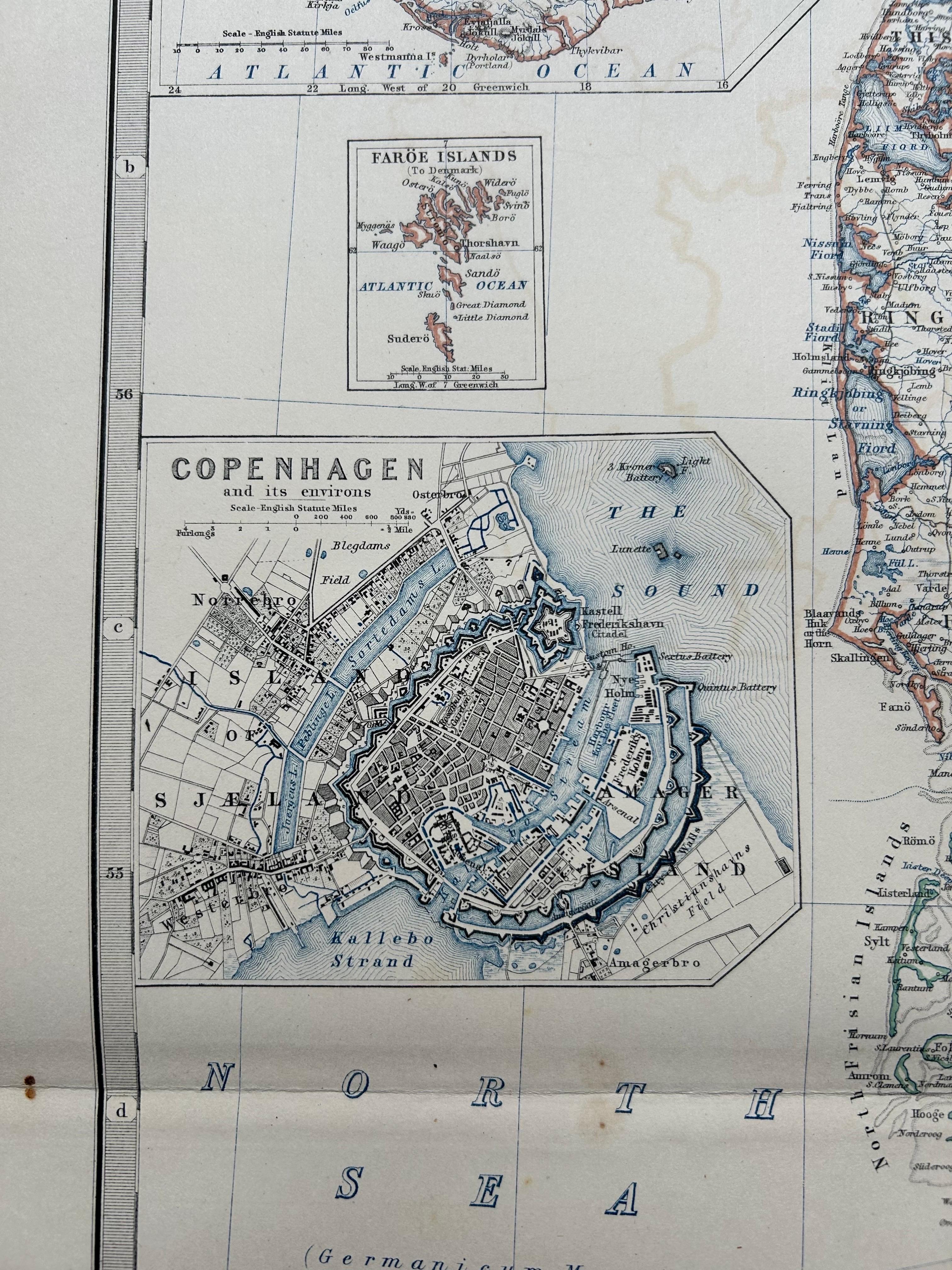 Mapa antiguo de Dinamarca por A.K. Johnston, 1865 en venta 1
