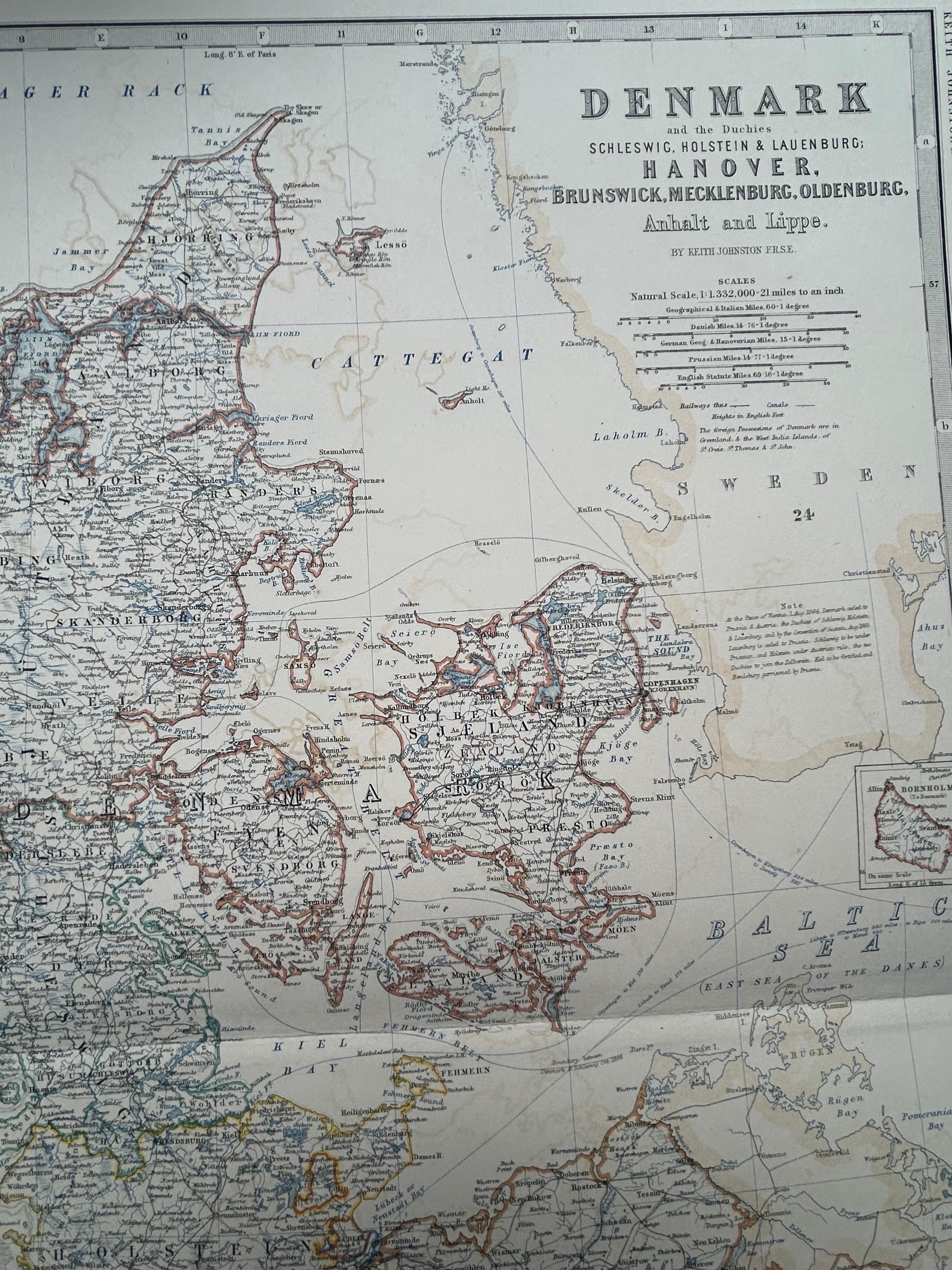 Mapa antiguo de Dinamarca por A.K. Johnston, 1865 en venta 2