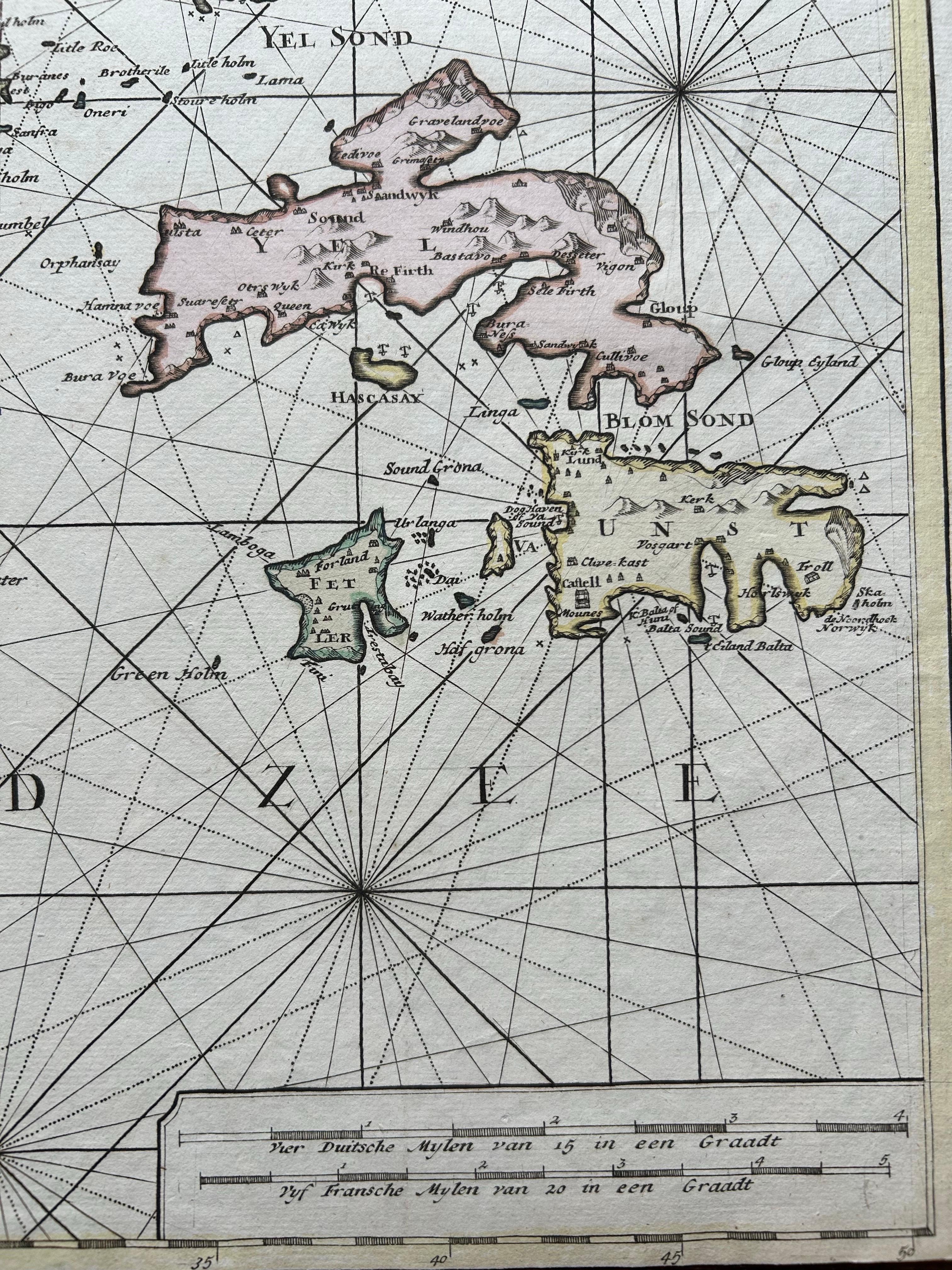 Dutch Shetland Islands Sea Chart – Antique Nautical Map by Ottens Brother c.1745 For Sale