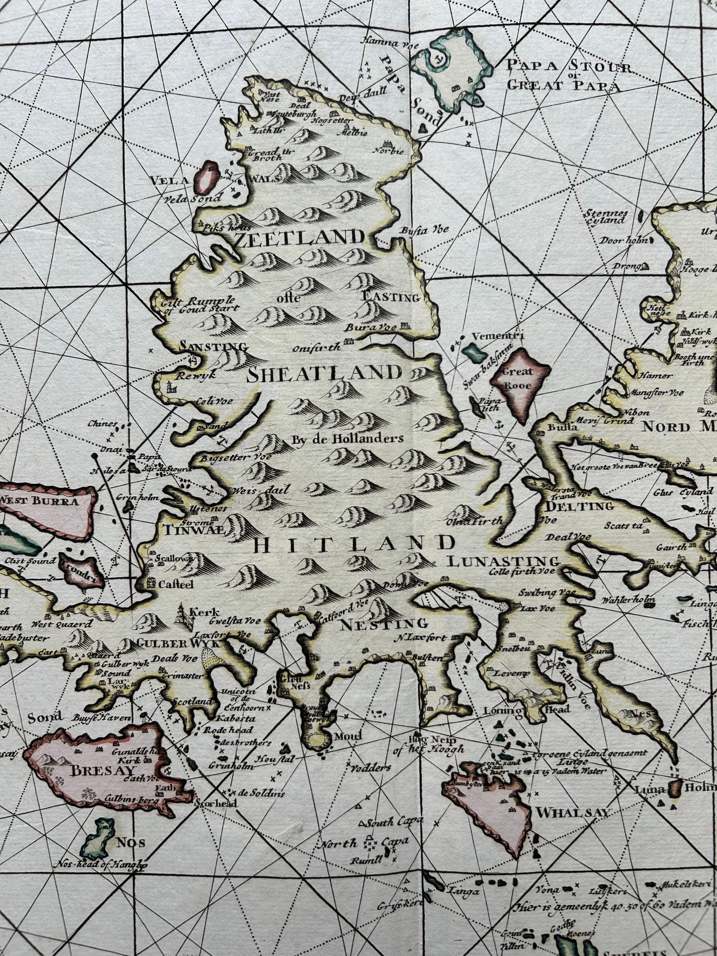 Engraved Shetland Islands Sea Chart – Antique Nautical Map by Ottens Brother c.1745 For Sale
