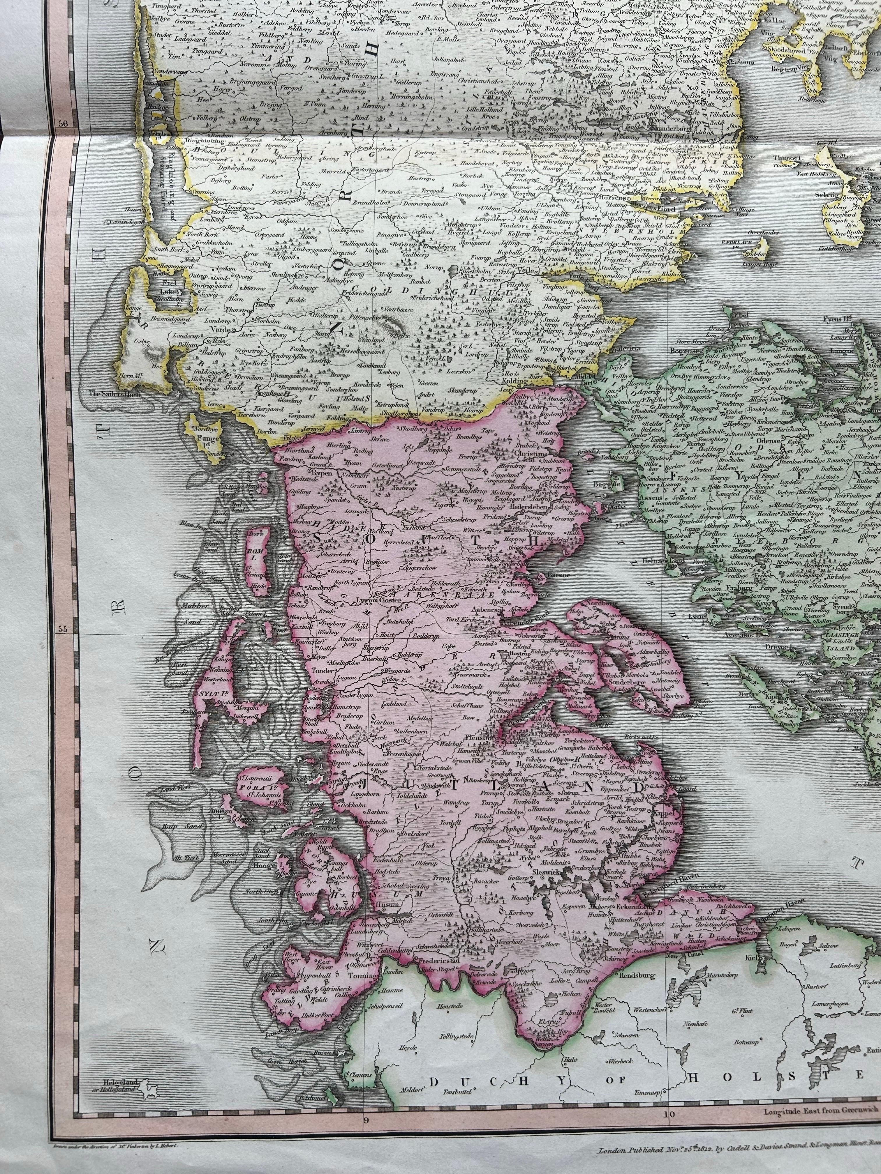 19th Century Denmark – Large Format Antique Map by Pinkerton, Fine English Engraving c.1814 For Sale