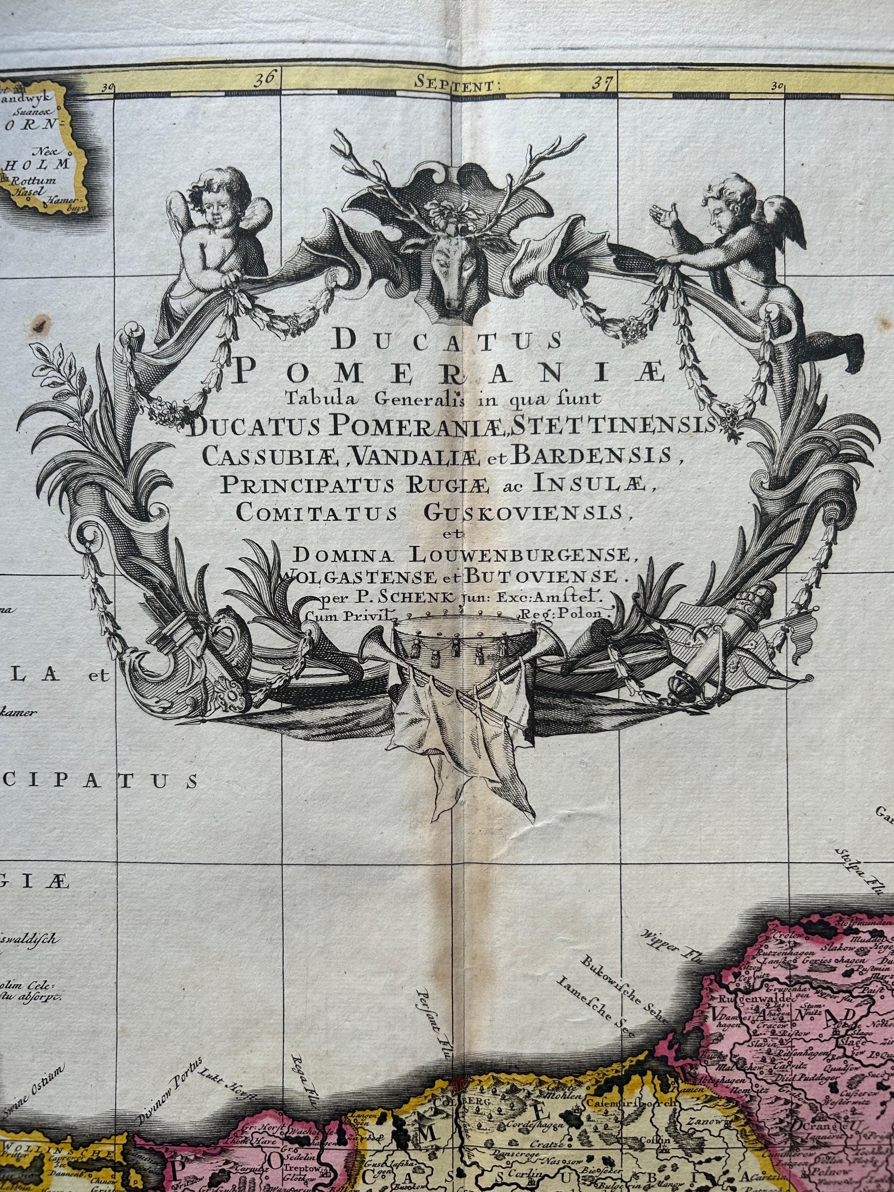 Dutch Map of the Duchy of Pomerania – Antique Engraving by P. Schenk Jr., c. 1750 For Sale