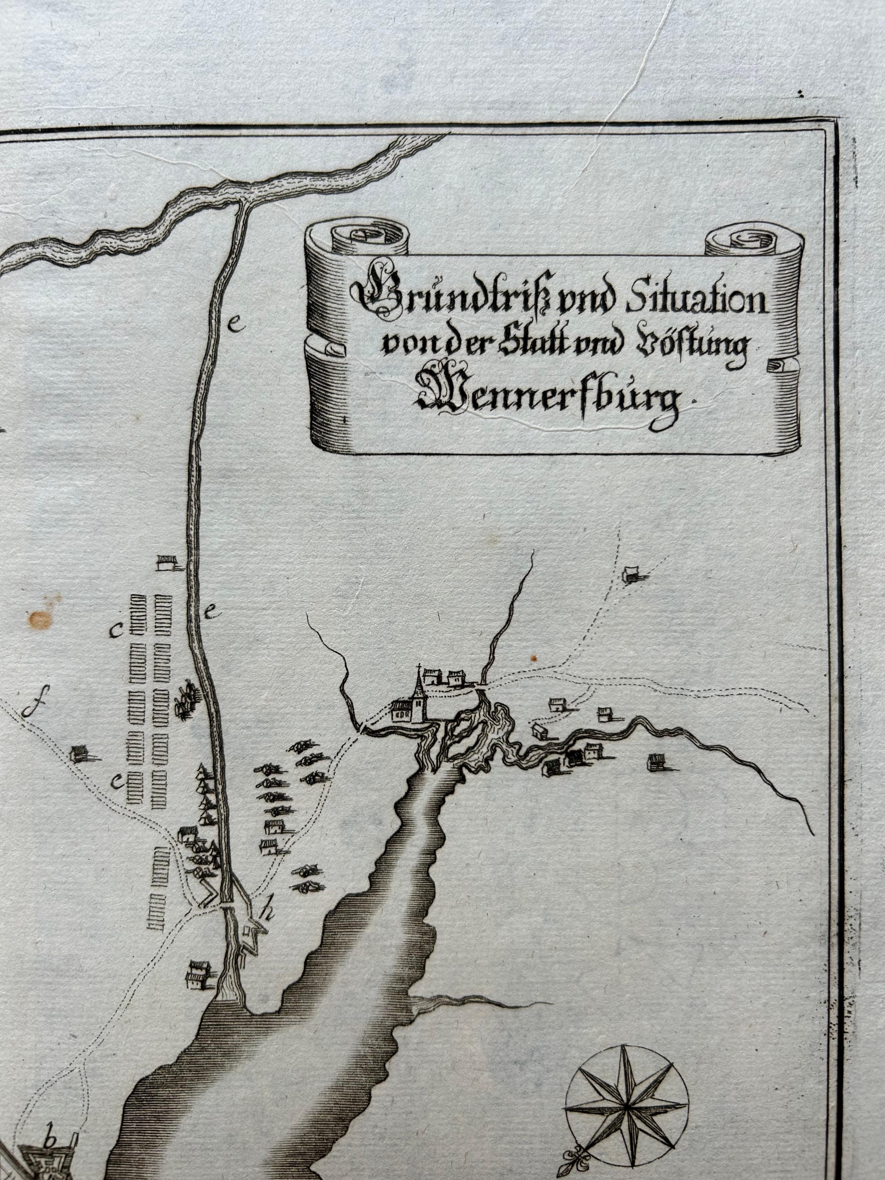 Paper Plan of Vänersborg, Sweden – Antique Map by Merian, c.1680 Theatrum Europaeum For Sale
