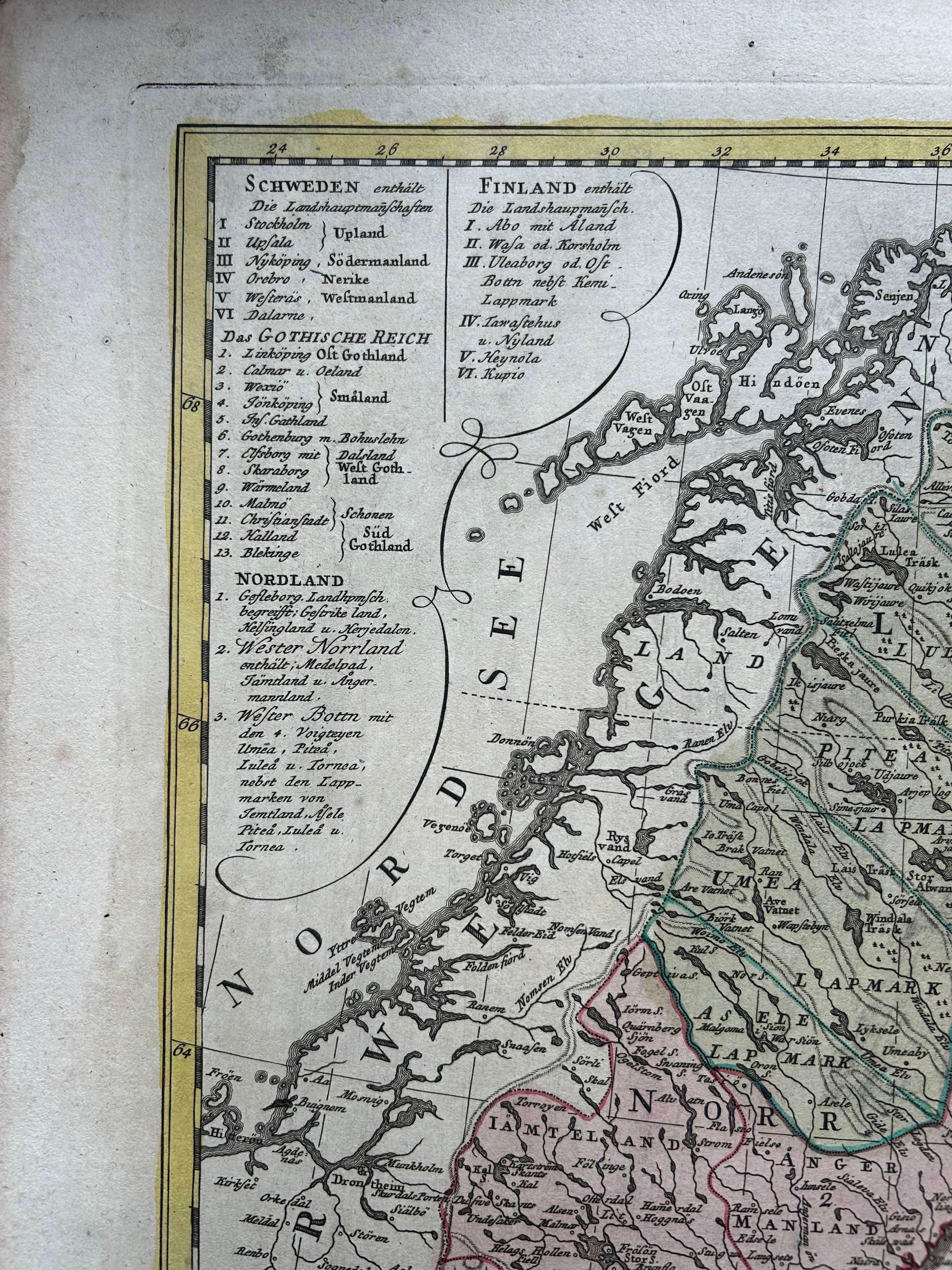 Sweden and Scandinavia – Antique Map by F.L. Güssefeld, Homann Heirs, c.1793s In Good Condition For Sale In Langweer, NL