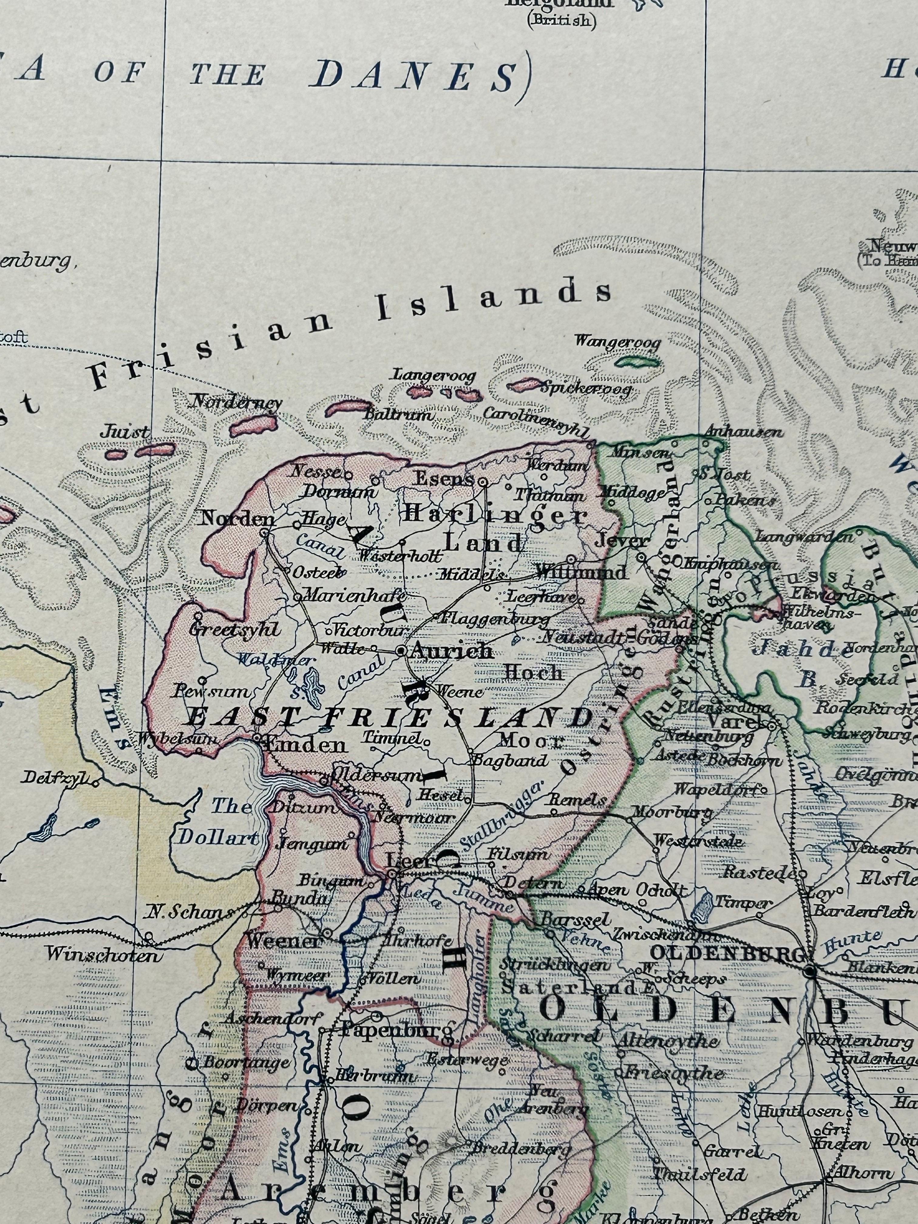Denmark & German Empire – Antique Map by A.K. Johnston, 1882 Atlas Edition In Fair Condition For Sale In Langweer, NL