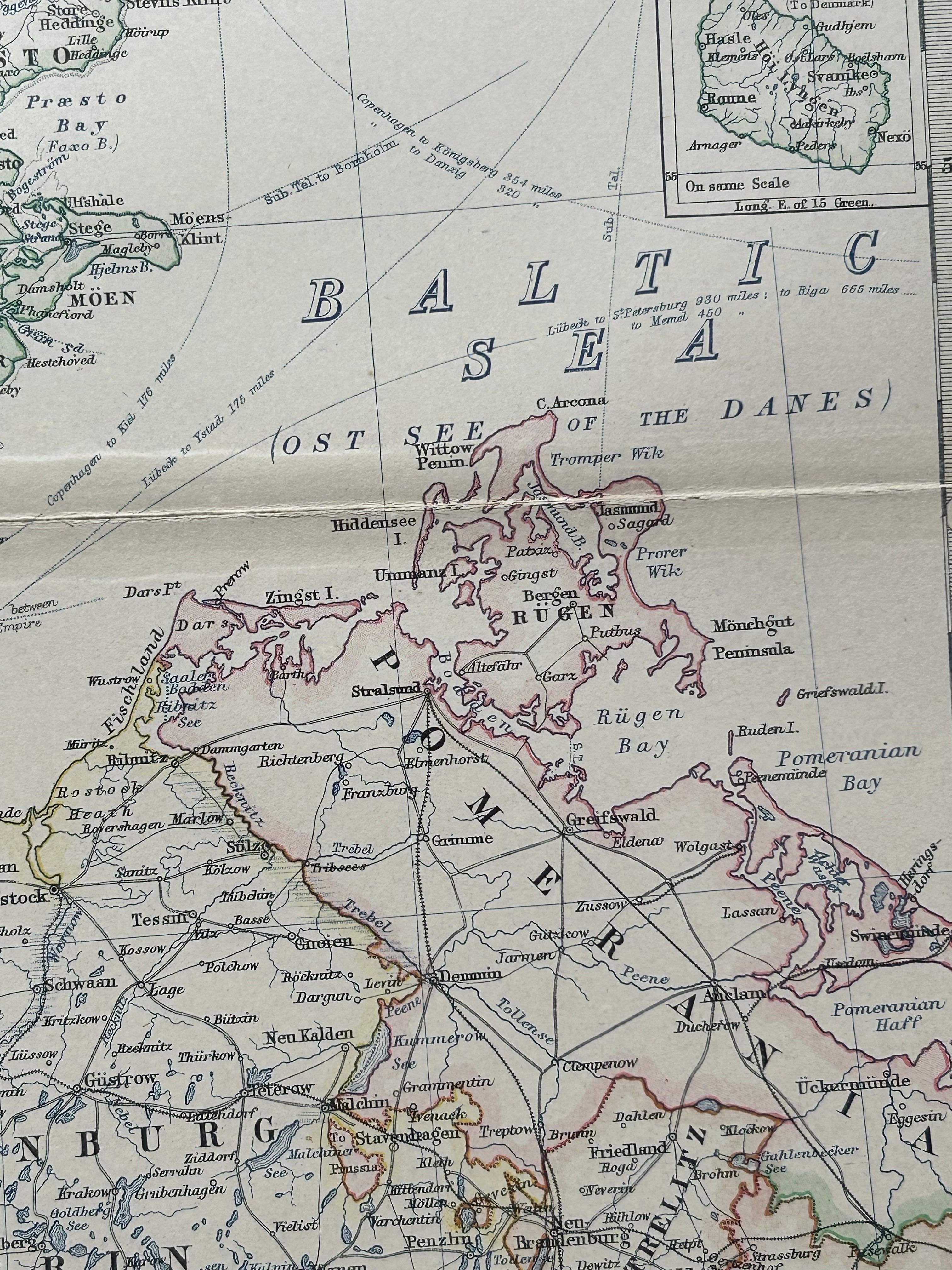 Denmark & German Empire – Antique Map by A.K. Johnston, 1882 Atlas Edition

This detailed antique map titled Denmark with North-West portion of the German Empire comprising Schleswig-Holstein, Hanover, Brunswick, Mecklenburgh, Oldenburg, Anhalt,