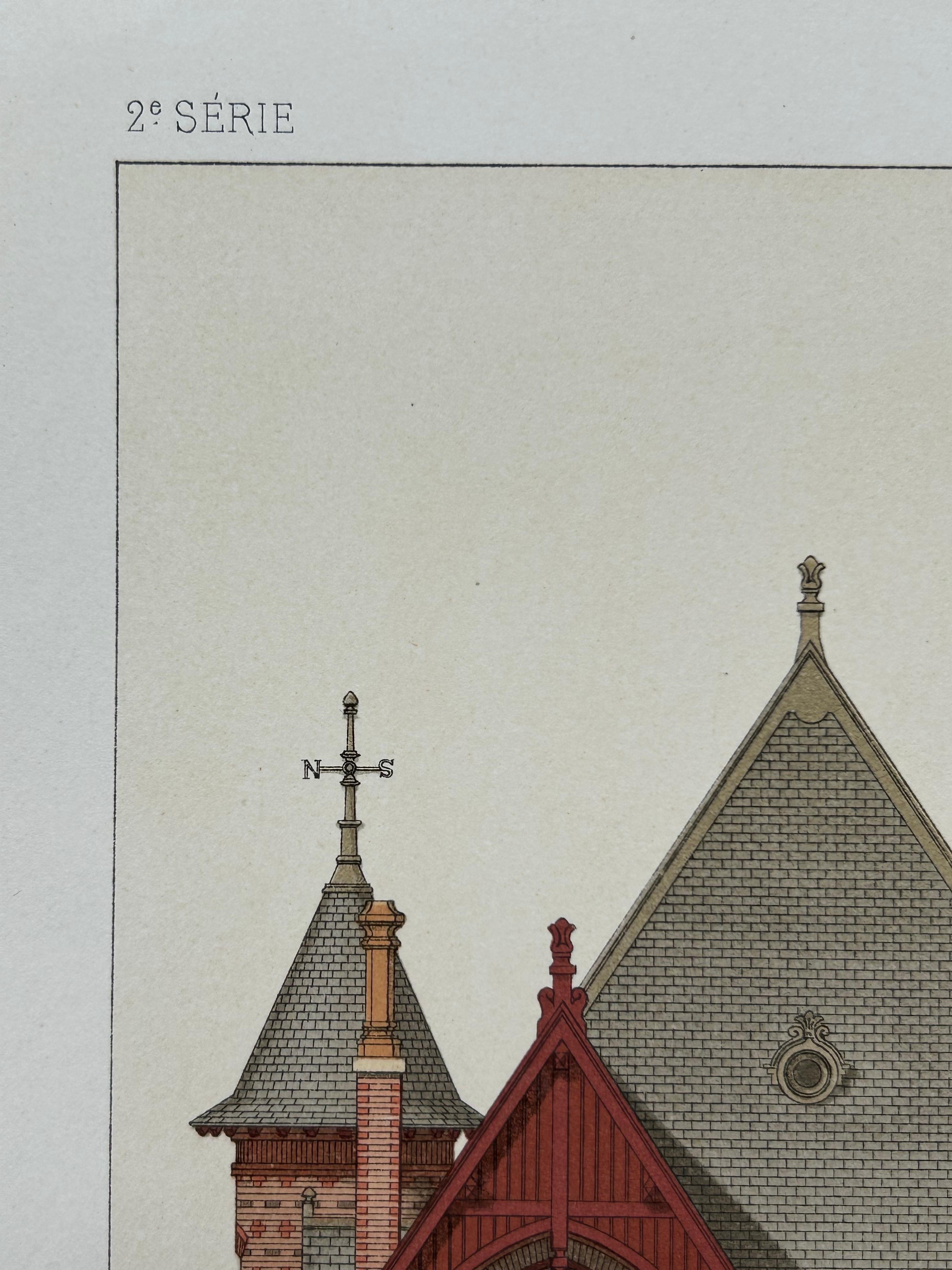 French Villa Architecture – Antique Brickwork Print by Chabat, c.1900

This antique architectural print titled “Villa à Pont à Mousson – Mr. Pierre Chabat Architecte” is a beautifully rendered design plate showcasing a richly detailed French villa.