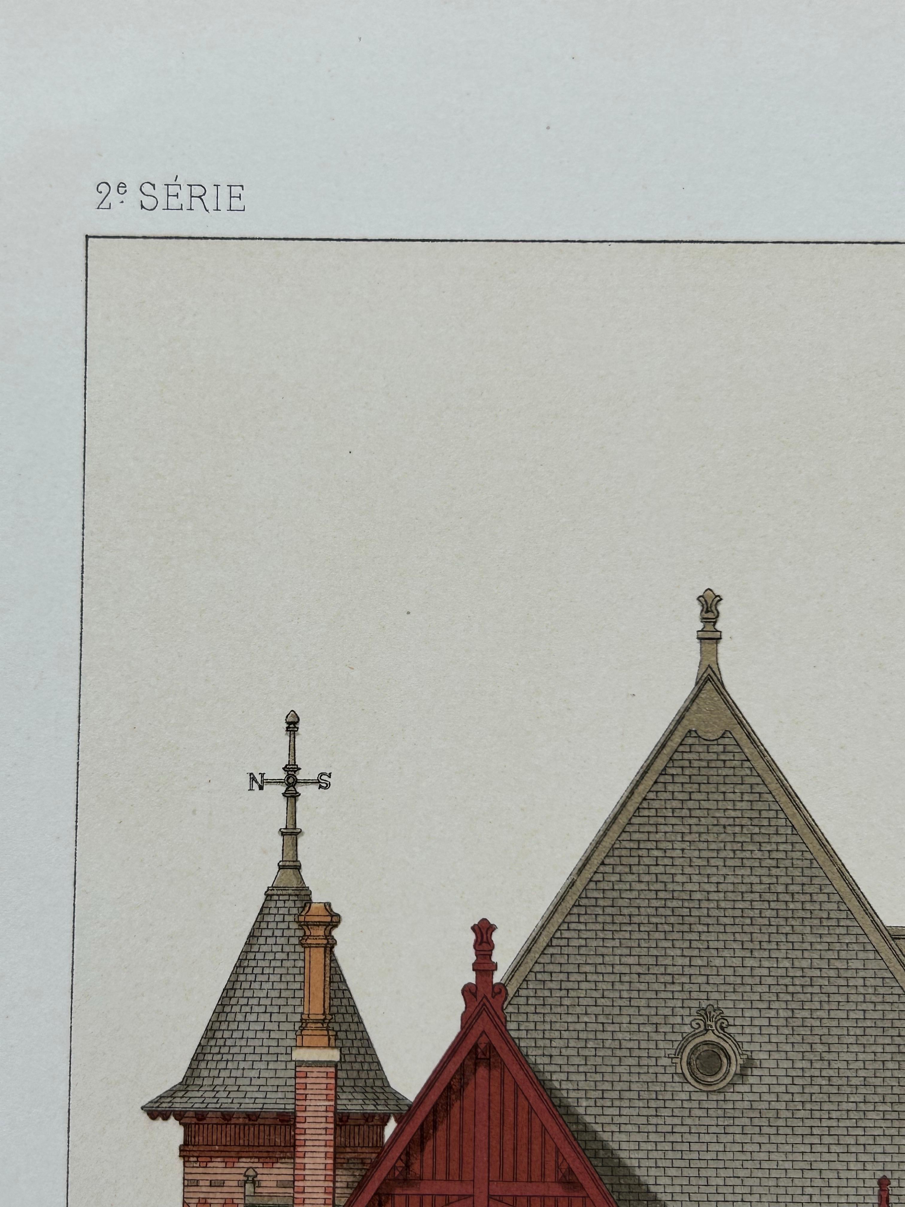 French Villa Architecture – Antique Brickwork Print by Chabat, c.1900 In Good Condition For Sale In Langweer, NL