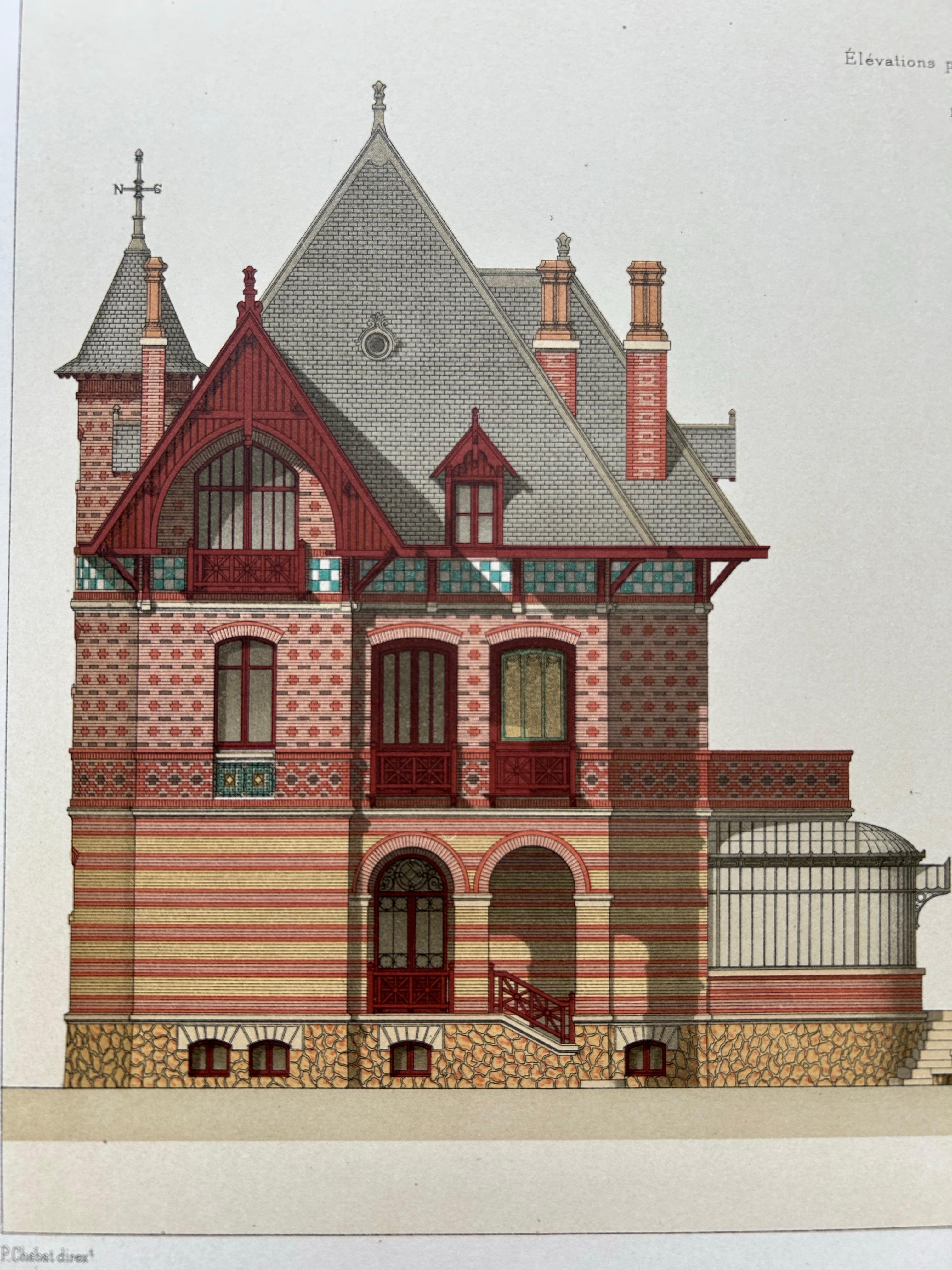 Paper French Villa Architecture – Antique Brickwork Print by Chabat, c.1900 For Sale