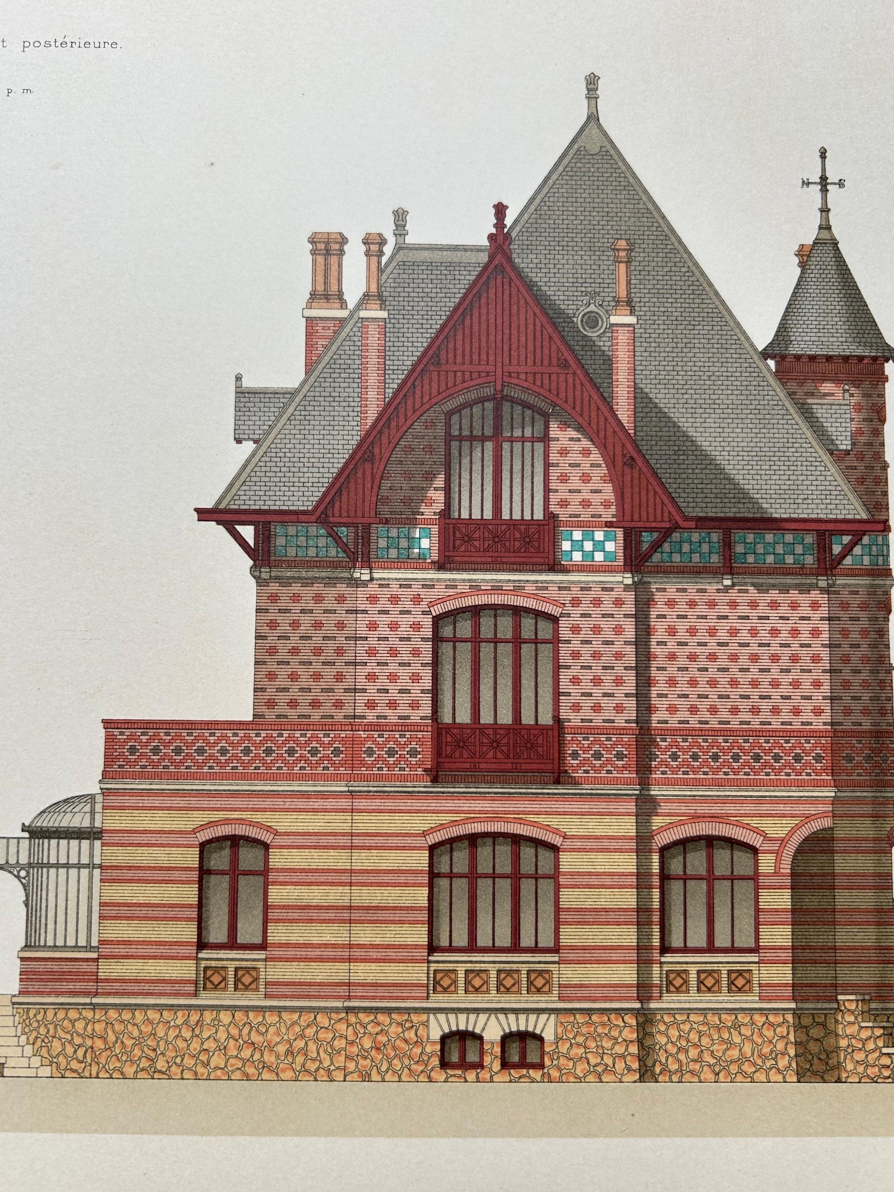 French Villa Architecture – Antique Brickwork Print by Chabat, c.1900 For Sale 2