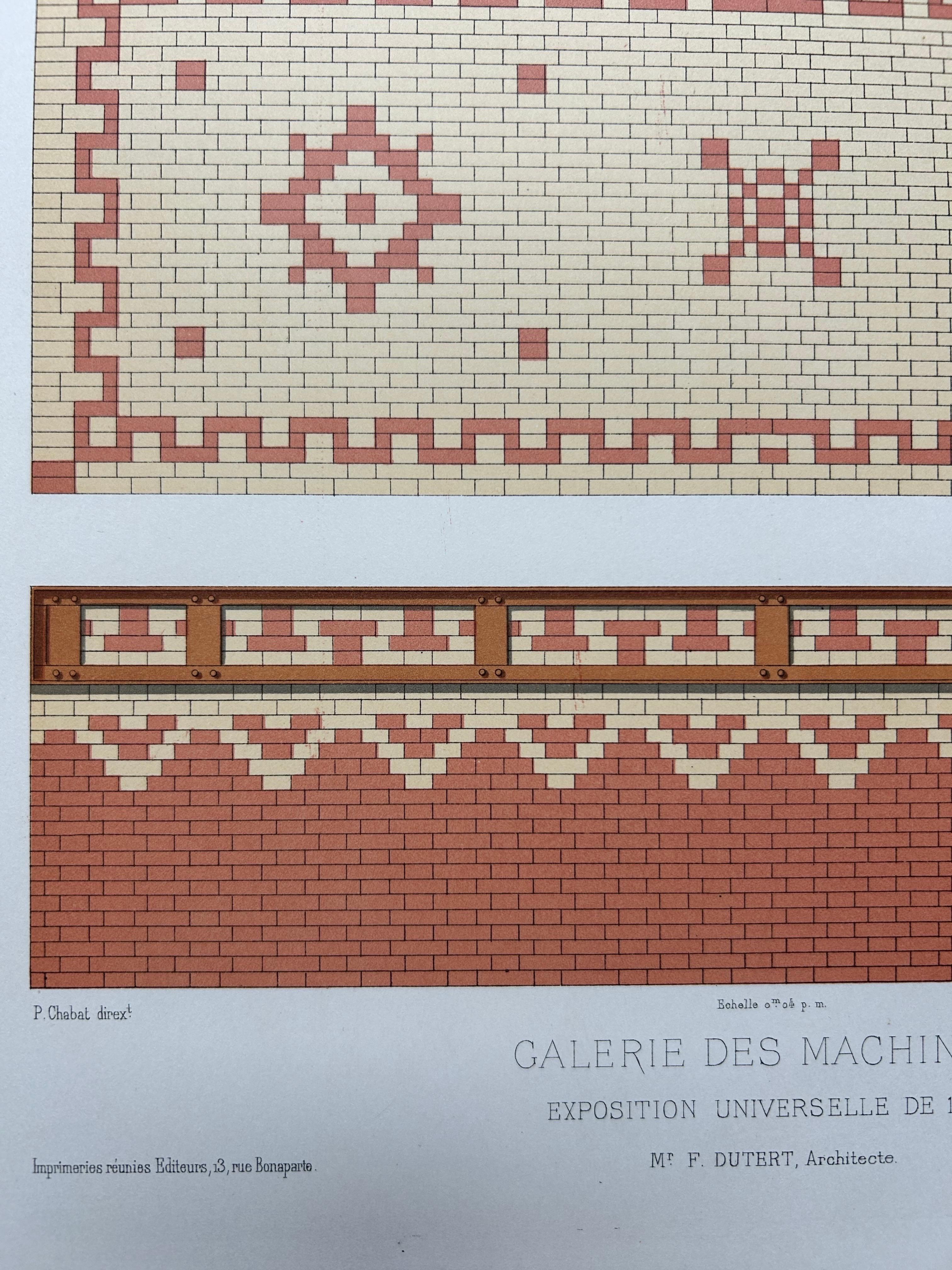 1889 Decorative Brickwork Patterns – Gallerie des Machines, Chabat c.1900

This antique architectural print presents a series of decorative brick and tile floor patterns from the Gallerie des Machines, one of the architectural highlights of the