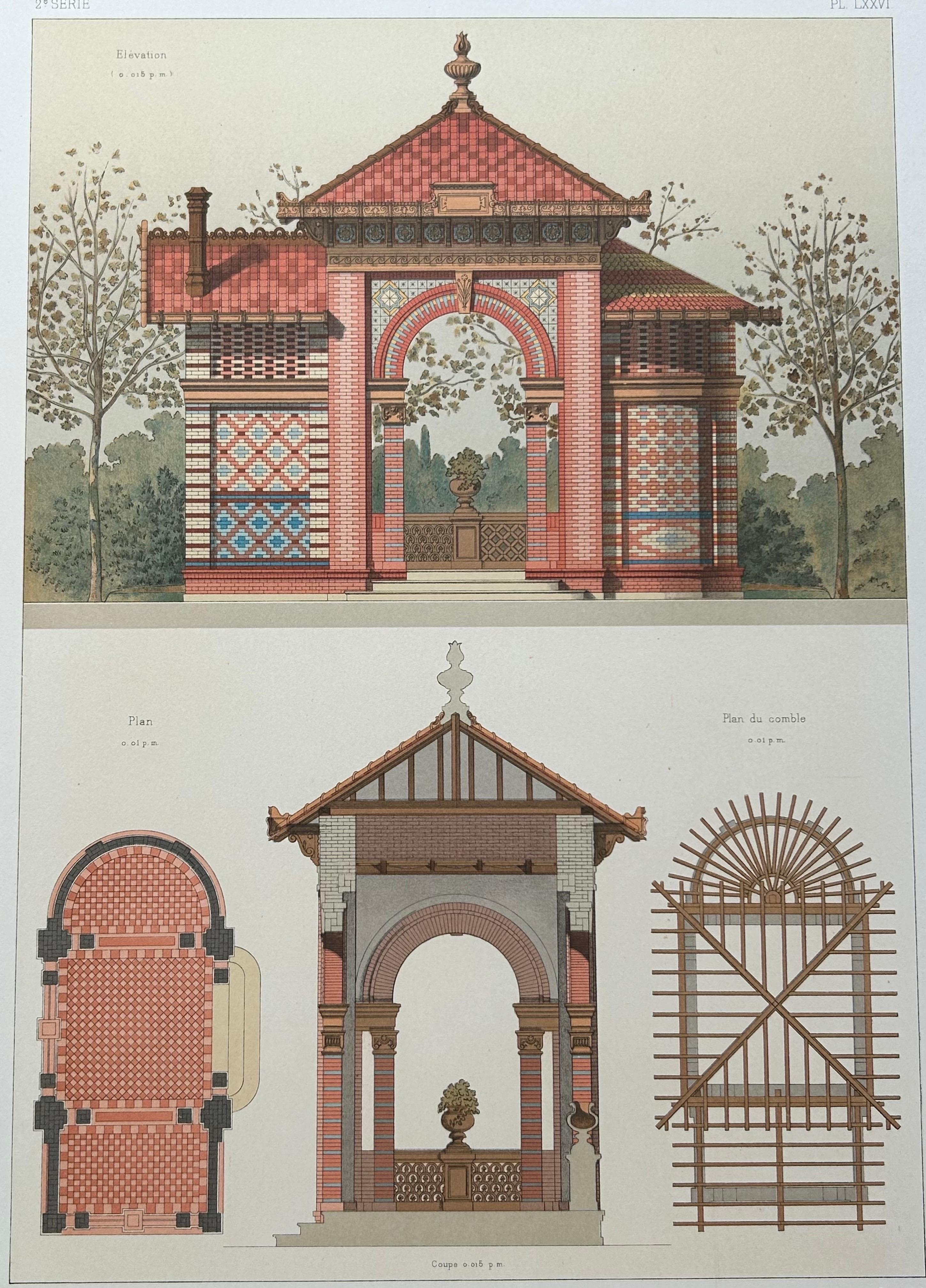 La Brique Pavilion Print – Ornamental Kiosk Design by P. Chabat, c.1900

This antique architectural lithograph features an elegant design for a decorative pavilion titled Pavillon Royaux Fils, created for the Exposition Universelle of 1889. The