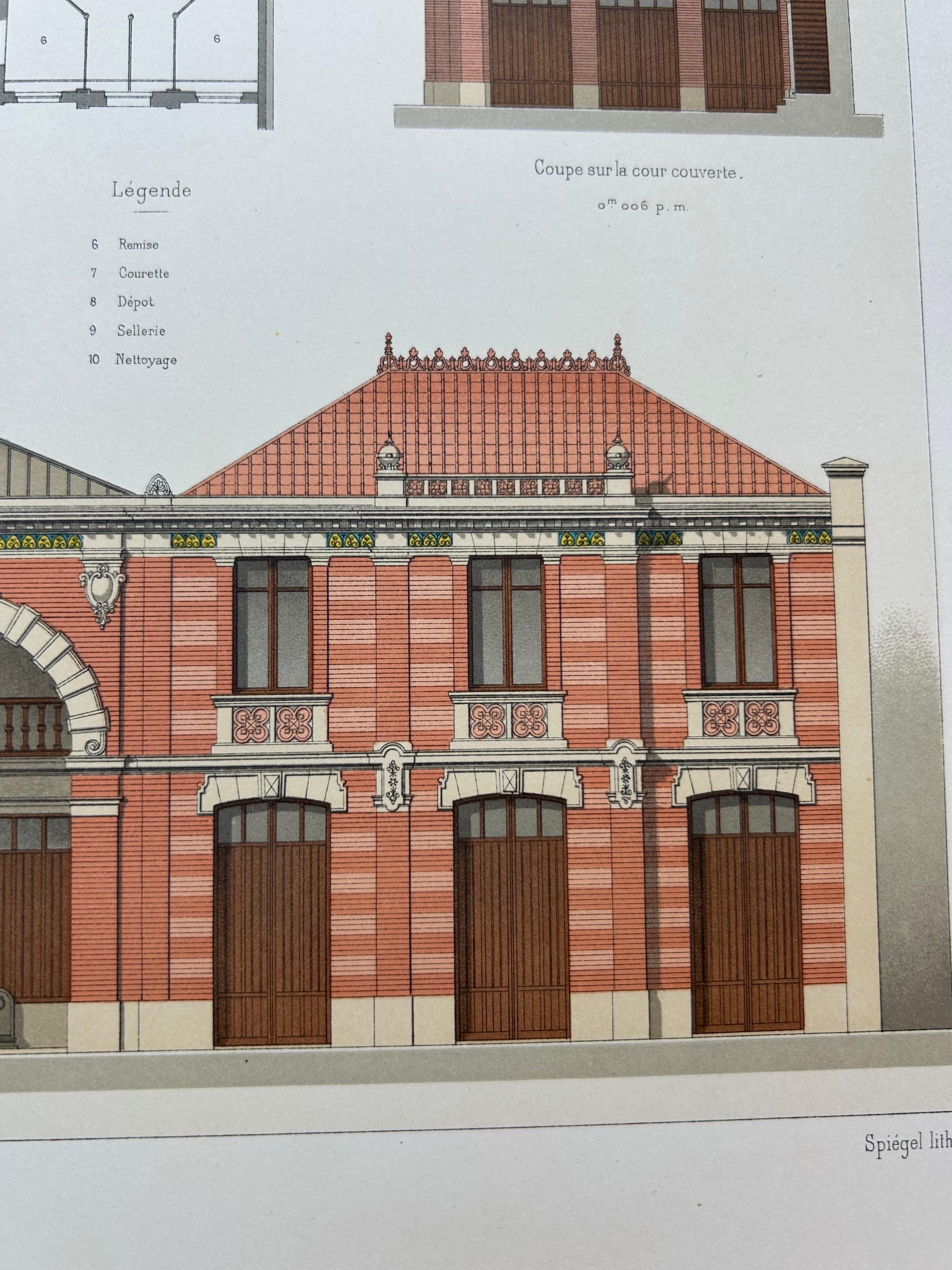 La Brique Architectural Print – Parisian Stables on Avenue Raphaël, c.1900 In Good Condition For Sale In Langweer, NL