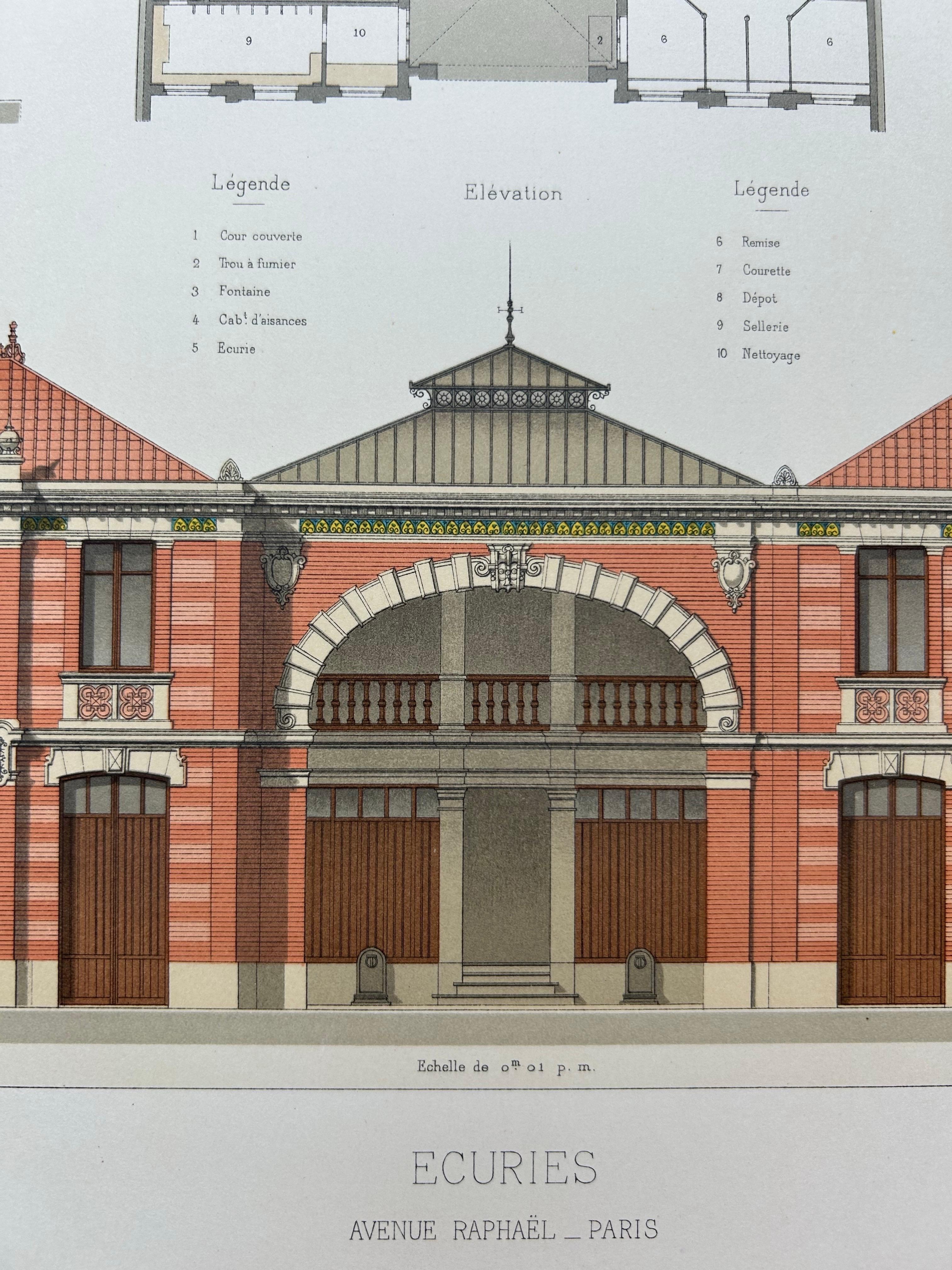 French La Brique Architectural Print – Parisian Stables on Avenue Raphaël, c.1900 For Sale