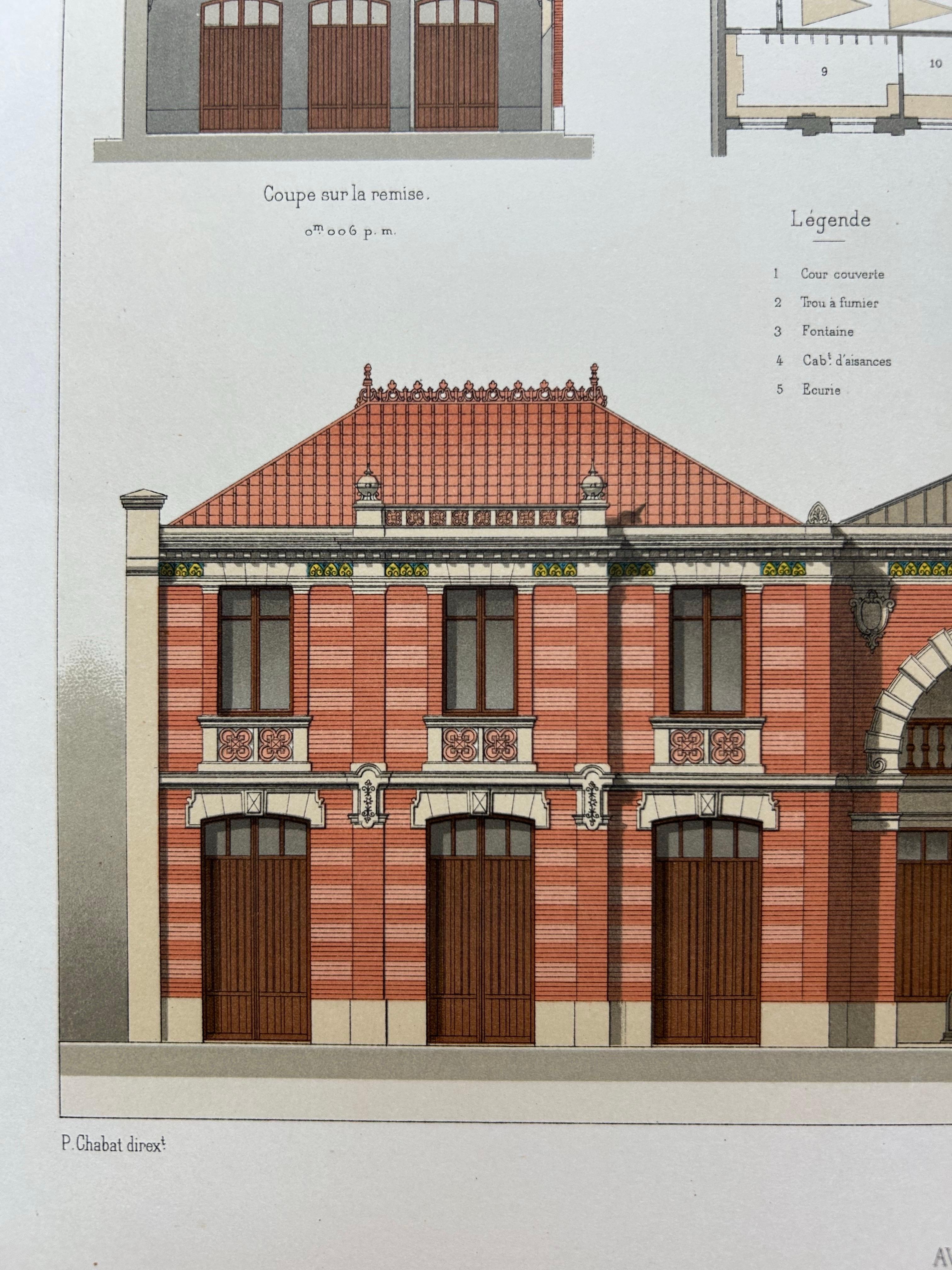 La Brique Architectural Print – Parisian Stables on Avenue Raphaël, c.1900

This finely detailed architectural lithograph presents the elegant design of Écuries Avenue Raphaël Paris, a stable complex in the French capital, created by architect A.