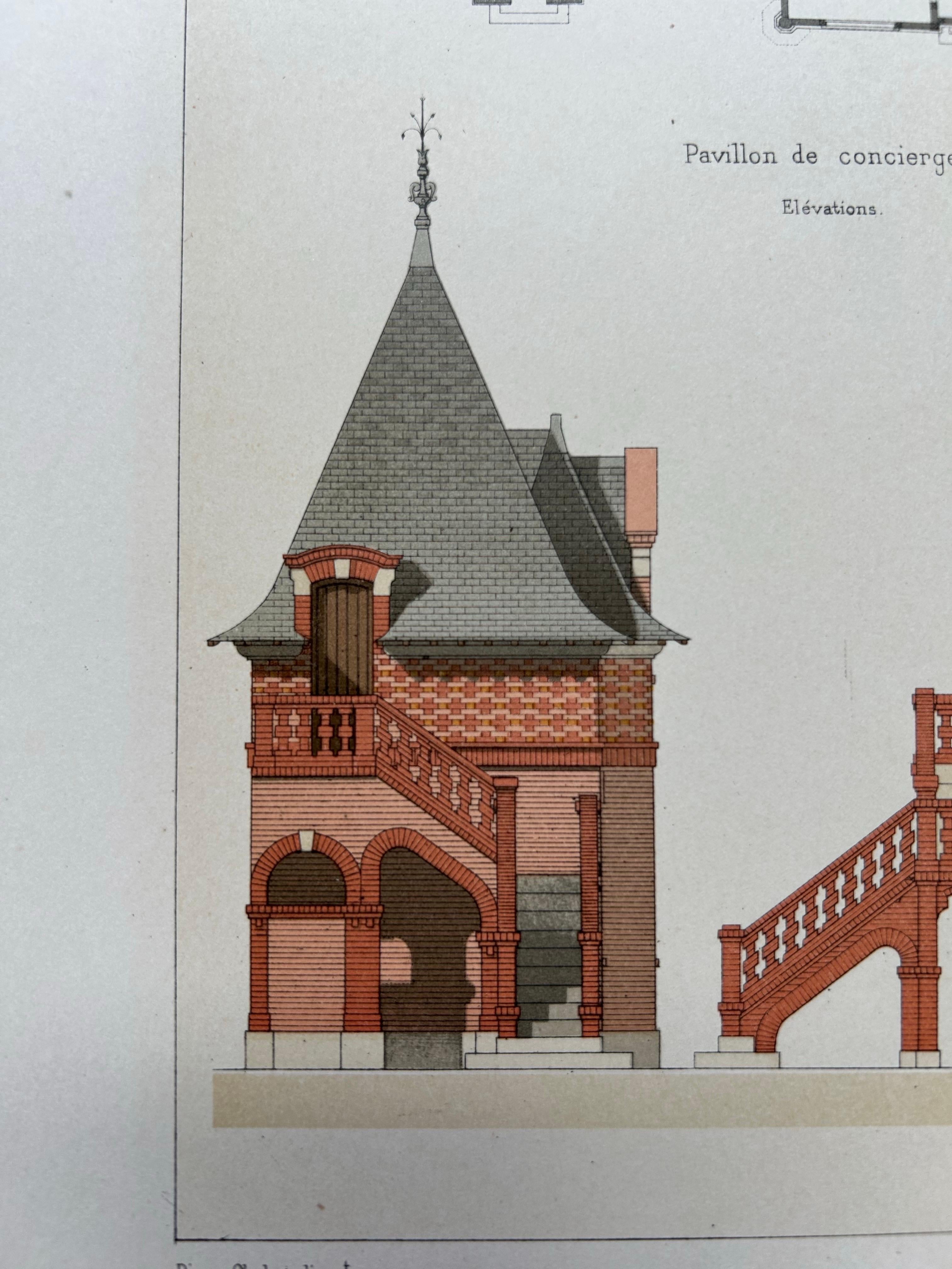 La Brique Architectural Print – Bureau & Gatehouse by Edouard Lewicki, c.1900

This striking antique architectural print features two charming structures: an architect’s office in Houlgate and a concierge pavilion in Bénerville, both designed by