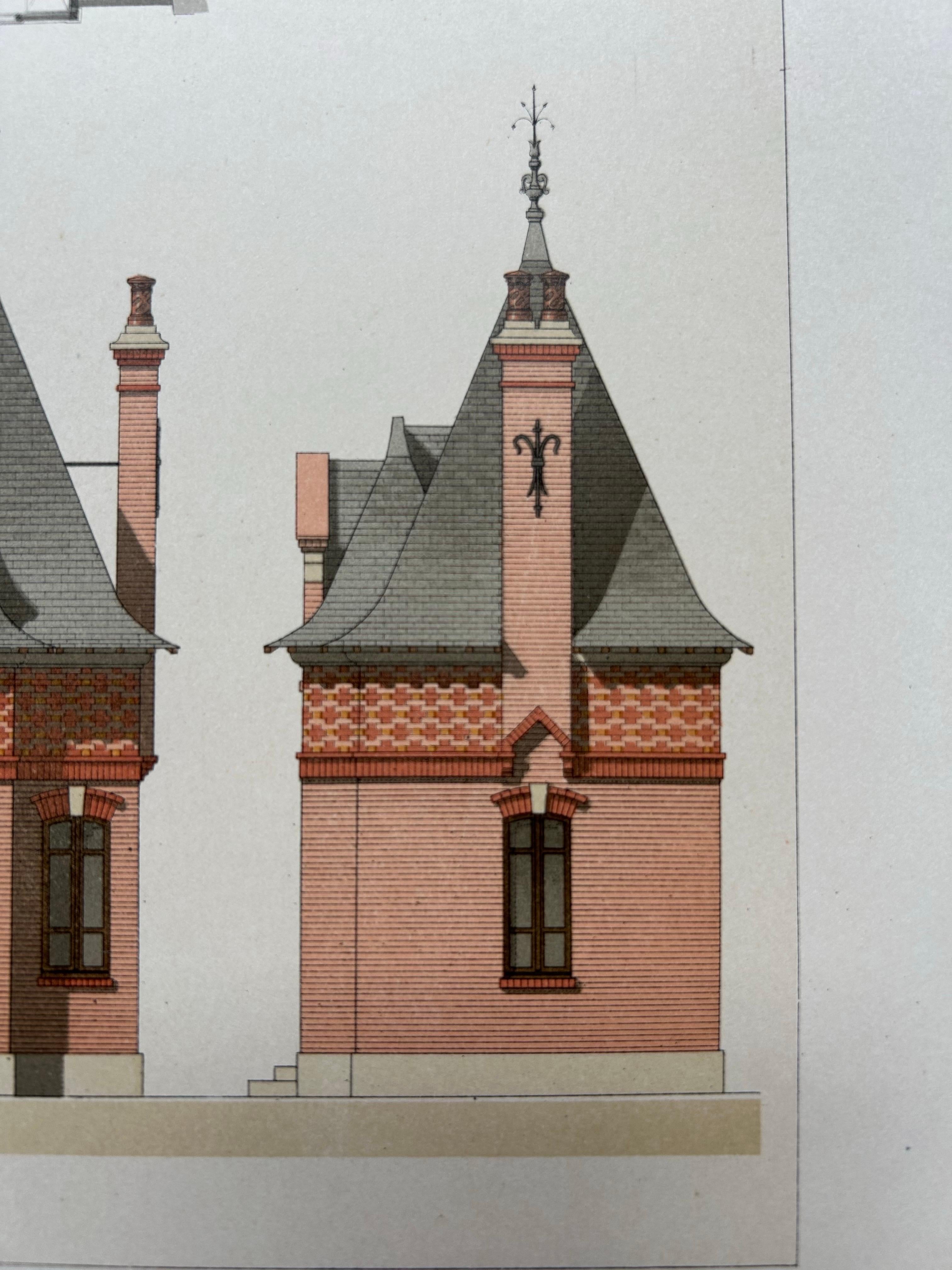 La Brique Architectural Print – Bureau & Gatehouse by Edouard Lewicki, c.1900 In Good Condition For Sale In Langweer, NL