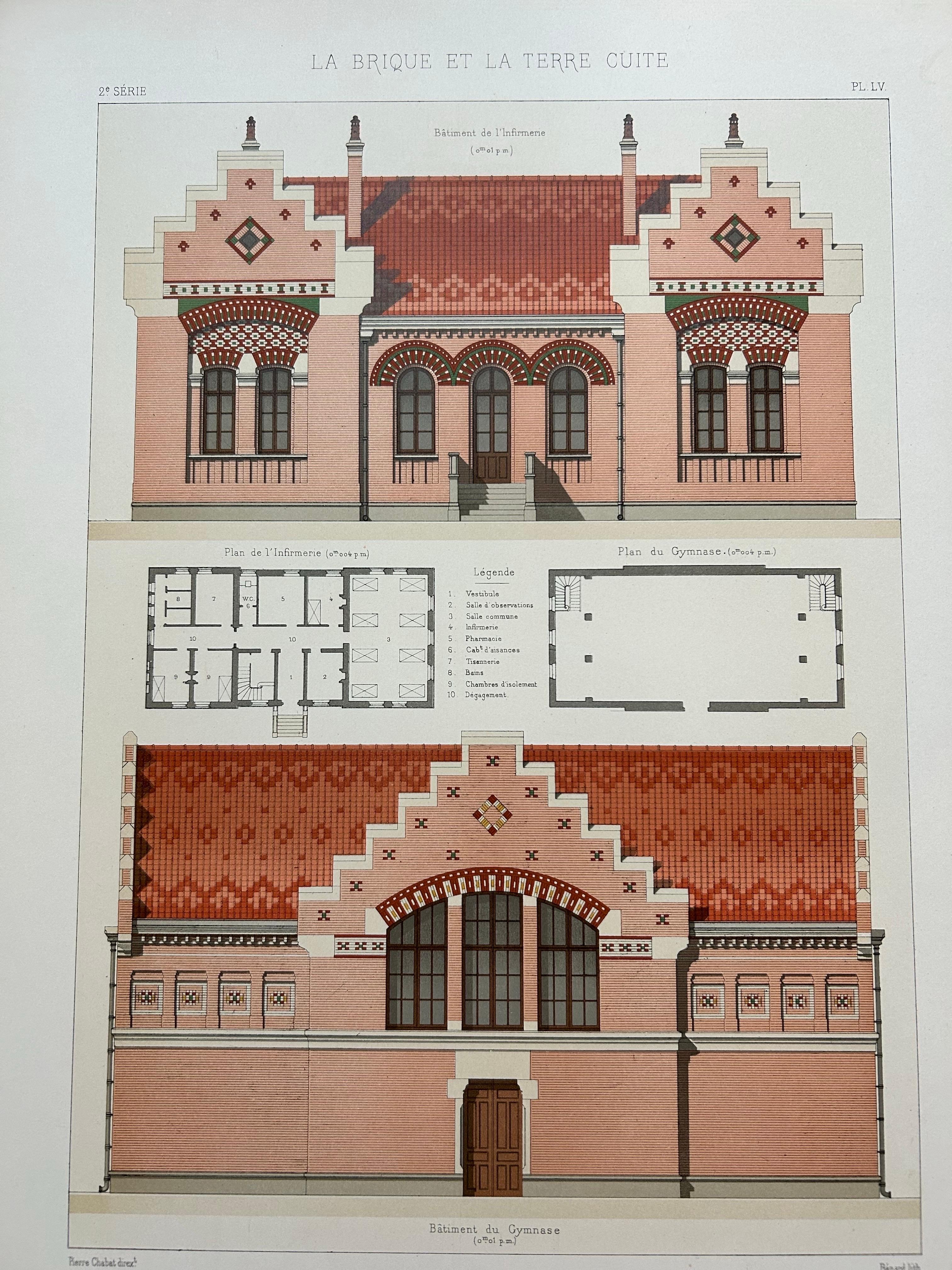 La Brique Architectural Print – Pharmacy & Gymnasium by Charles Chipiez, c.1900

This antique architectural lithograph presents a detailed view of the pharmacy and gymnasium at the École Nationale Professionnelle in Armentières, designed by the