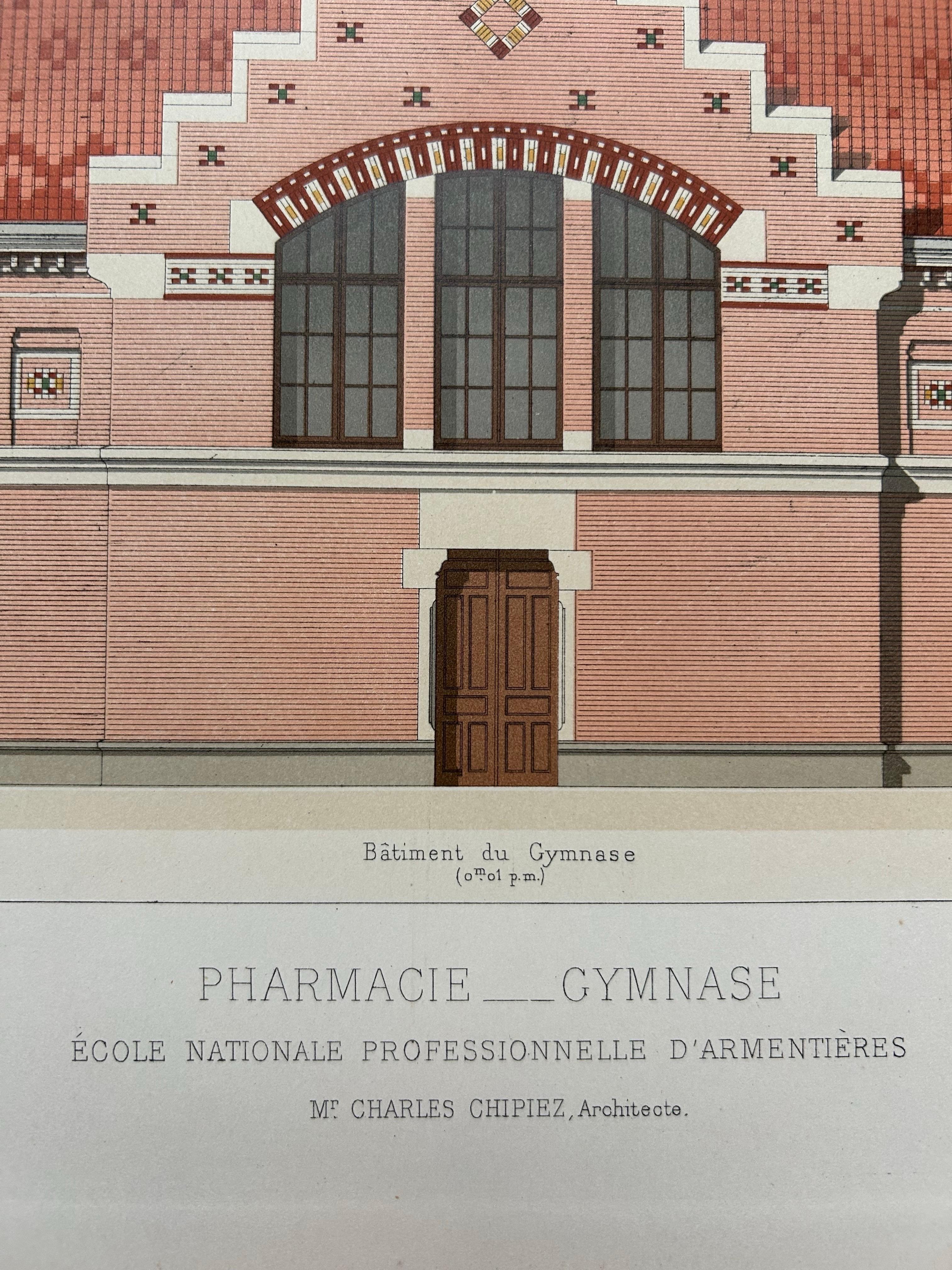 French La Brique Architectural Print – Pharmacy & Gymnasium by Charles Chipiez, c.1900 For Sale